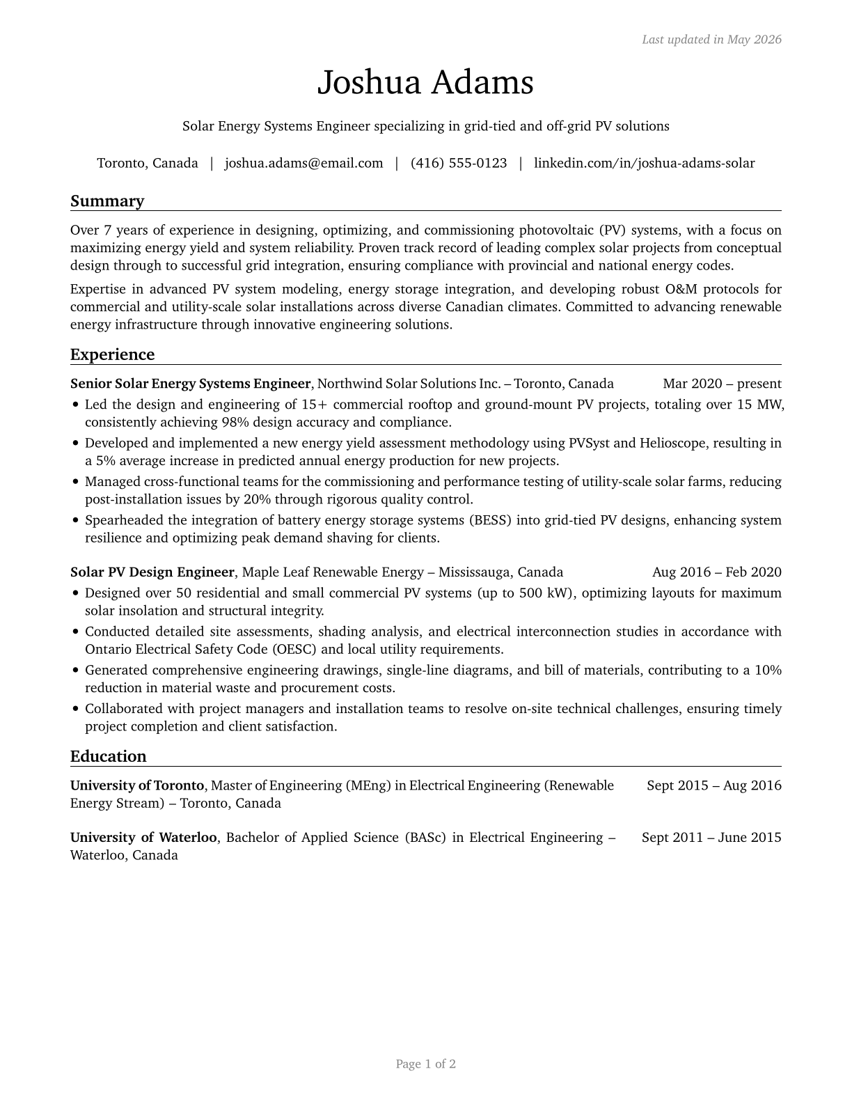 Solar Energy Systems Engineers CV in English — page 1