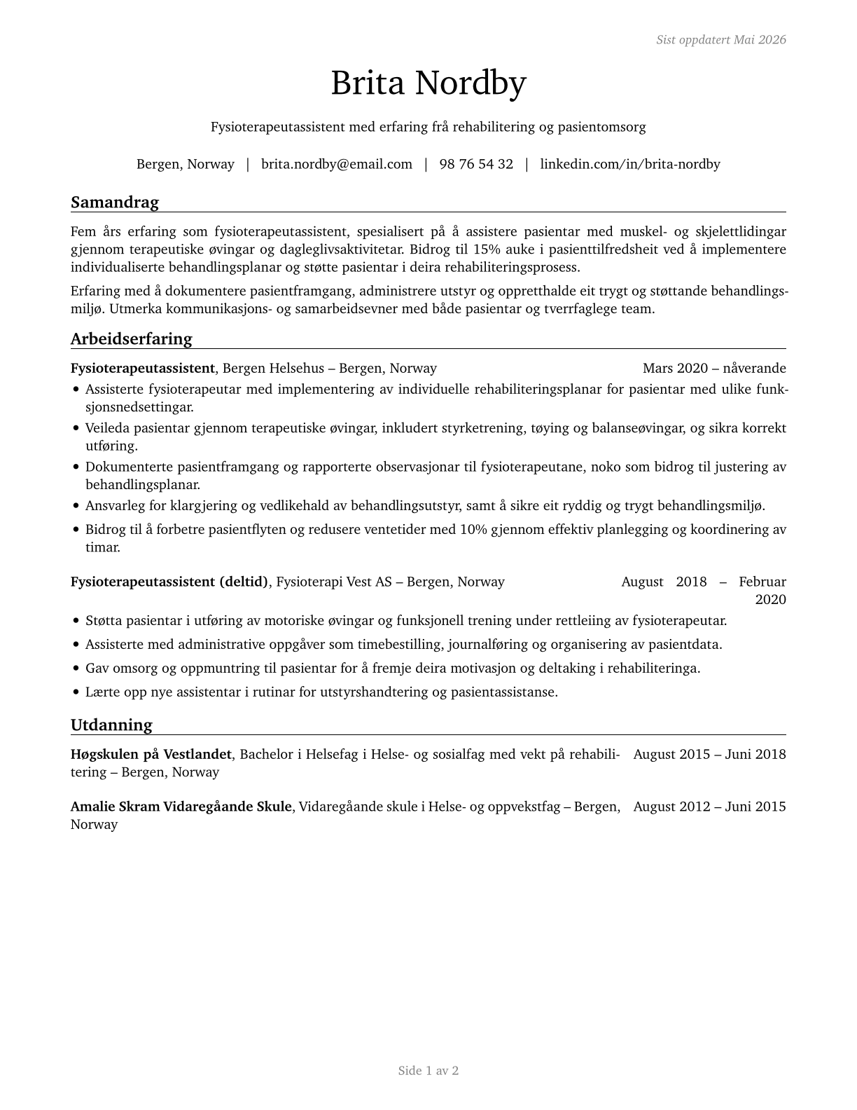 Physical Therapist Aides CV in Norwegian_nynorsk — page 1
