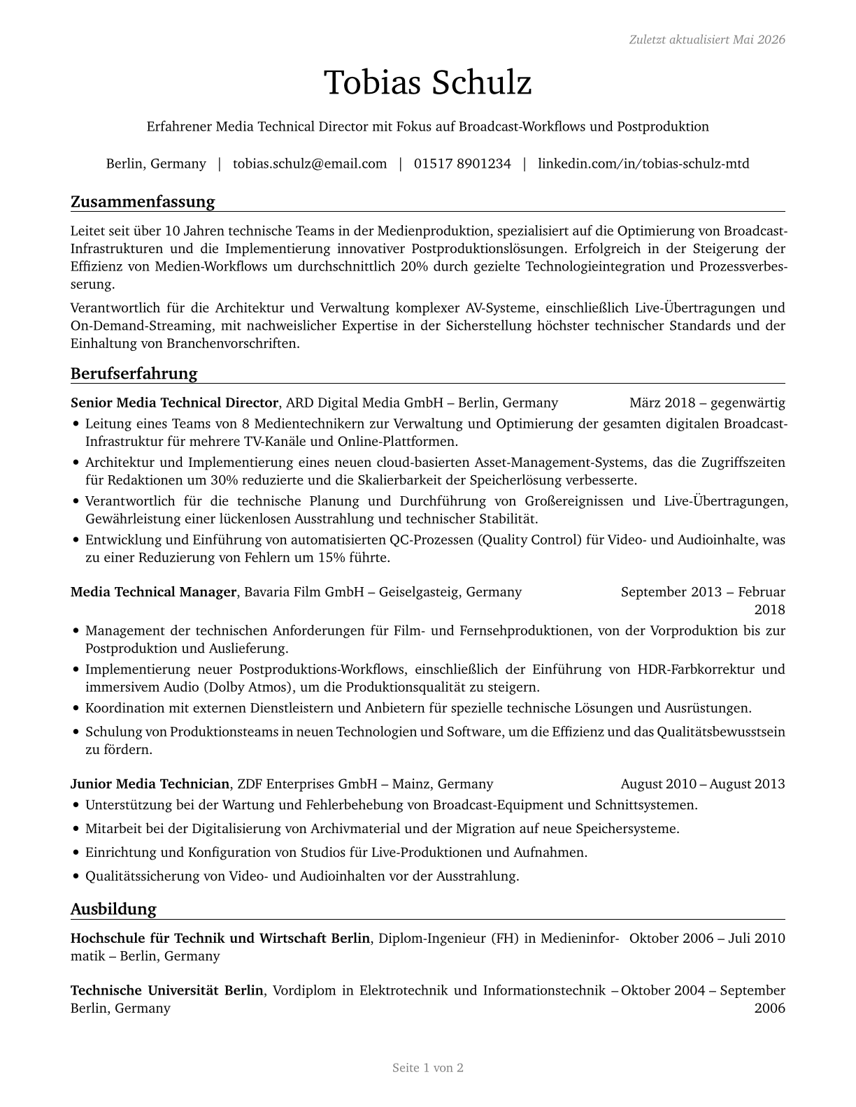 Media Technical Directors/Managers CV in German — page 1