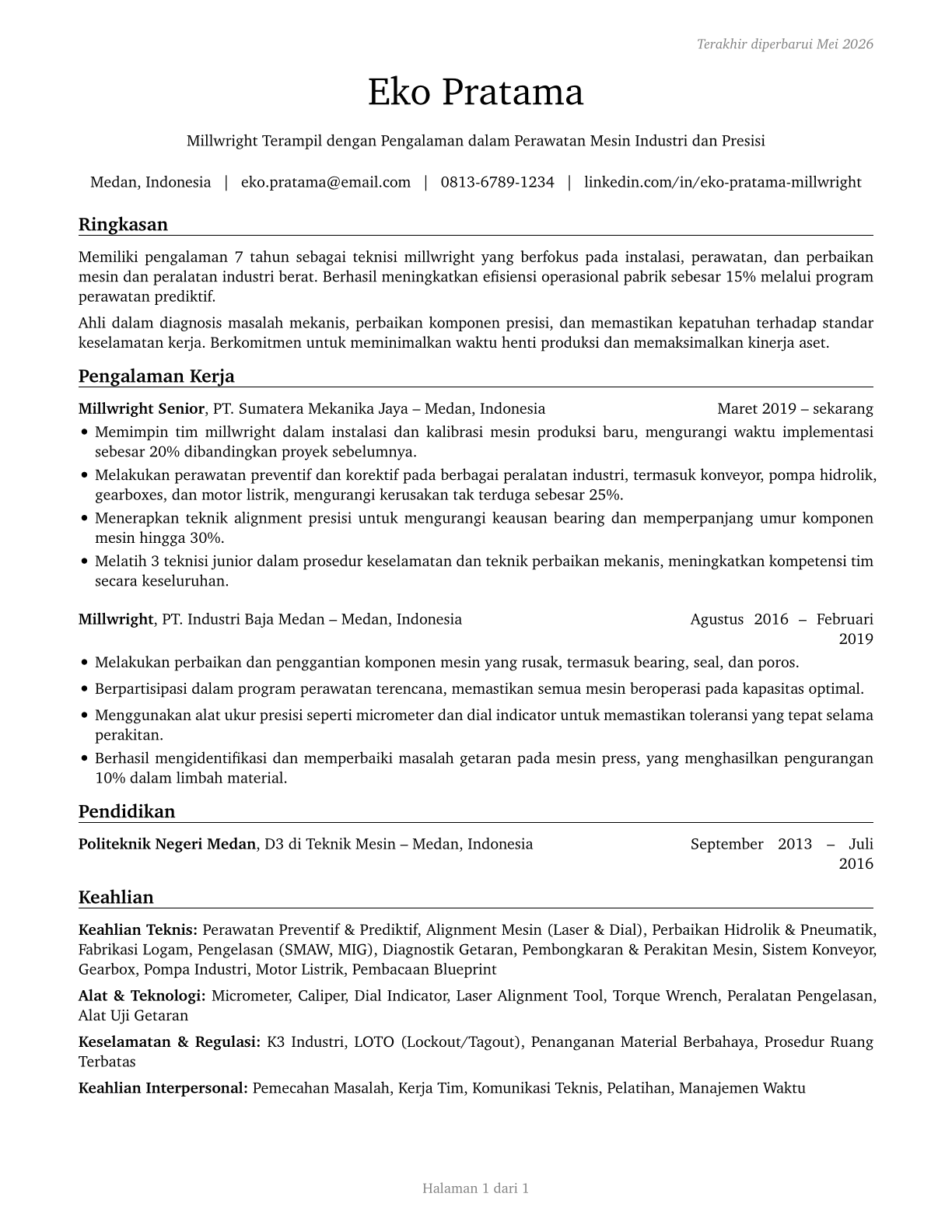 Millwrights CV in Indonesian — page 1