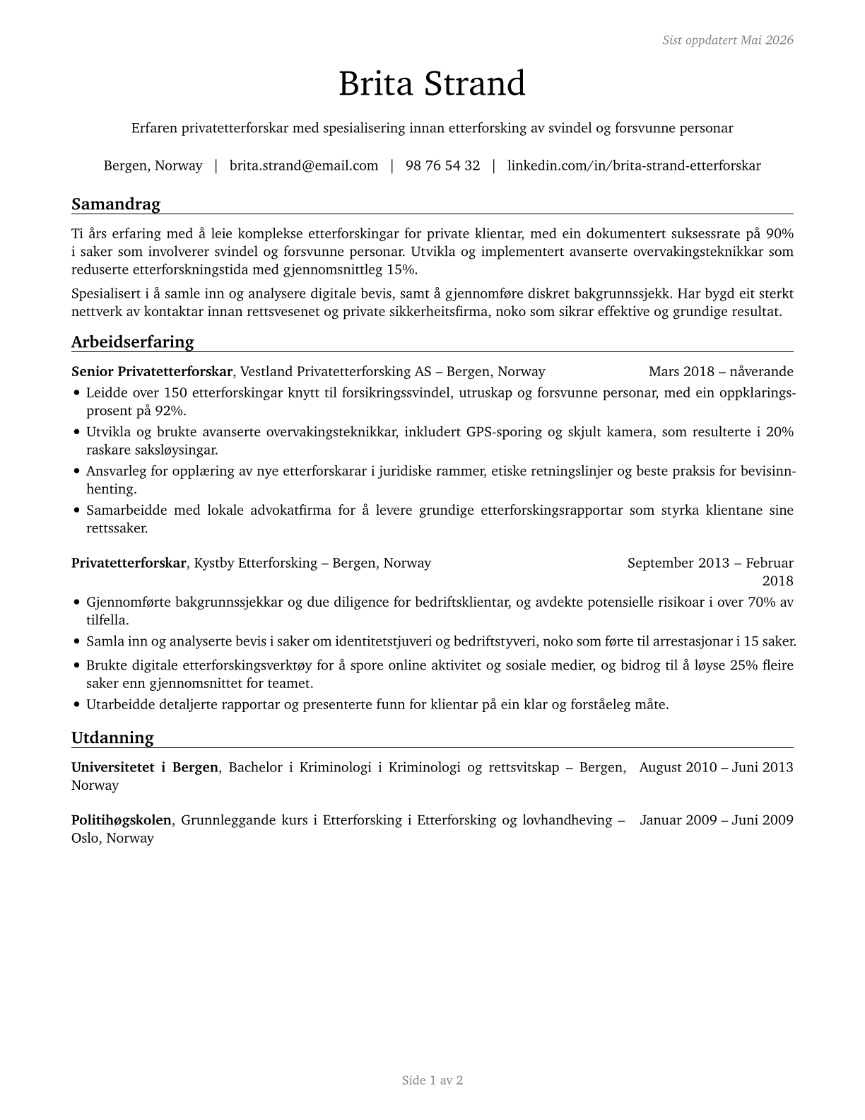 Private Detectives and Investigators CV in Norwegian_nynorsk — page 1