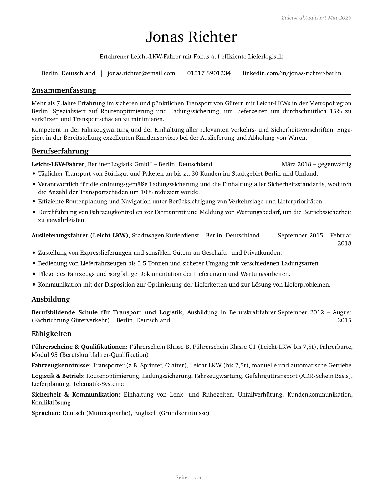 Light Truck Drivers CV in German — page 1