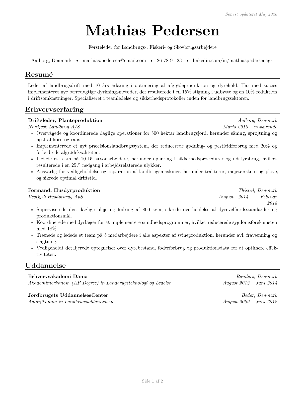 First-Line Supervisors of Farming, Fishing, and Forestry Workers CV in Danish — page 1