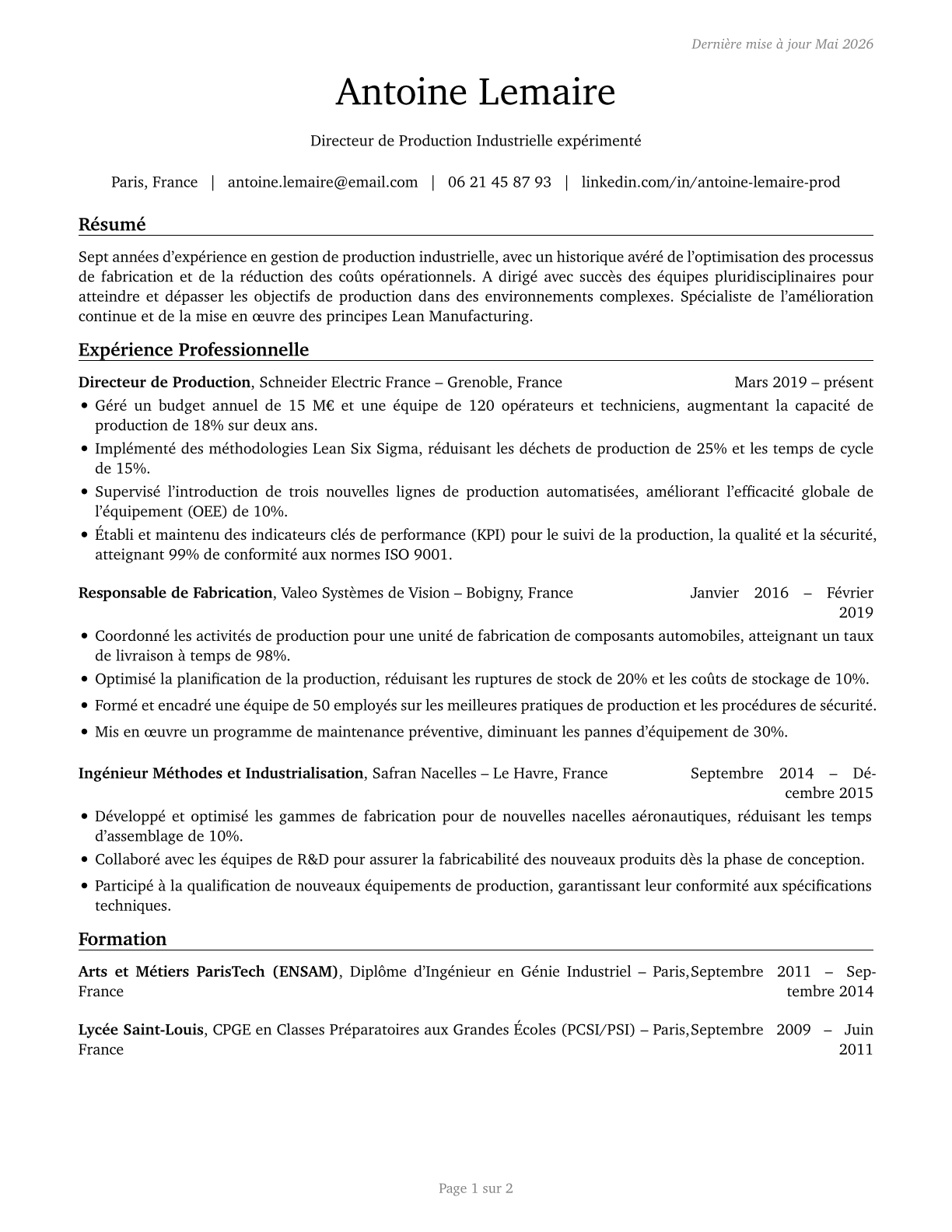 Industrial Production Managers CV in French — page 1