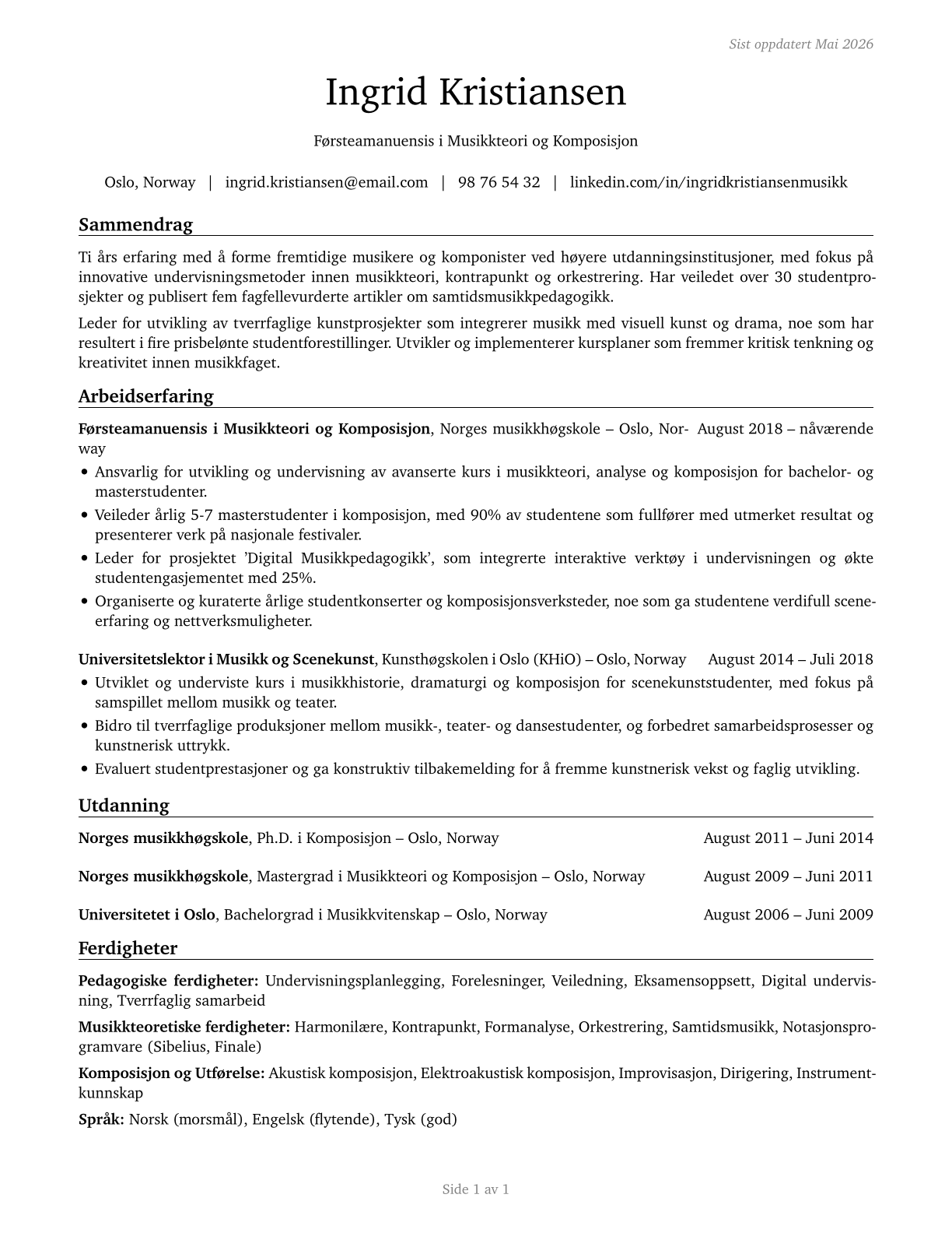 Art, Drama, and Music Teachers, Postsecondary CV in Norwegian_bokmal — page 1