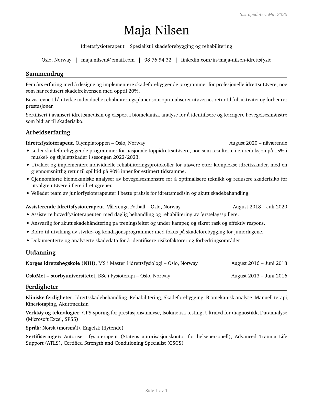 Athletic Trainers CV in Norwegian_bokmal — page 1