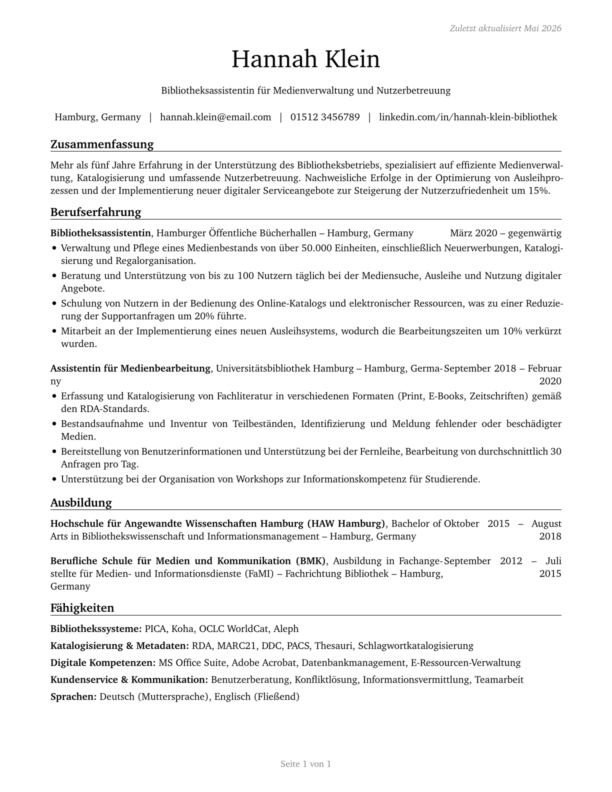 Library Assistants, Clerical CV in German — page 1