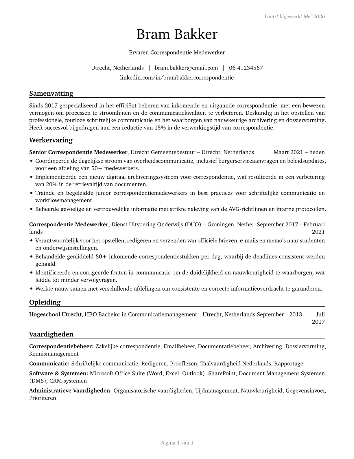 Correspondence Clerks CV in Dutch — page 1