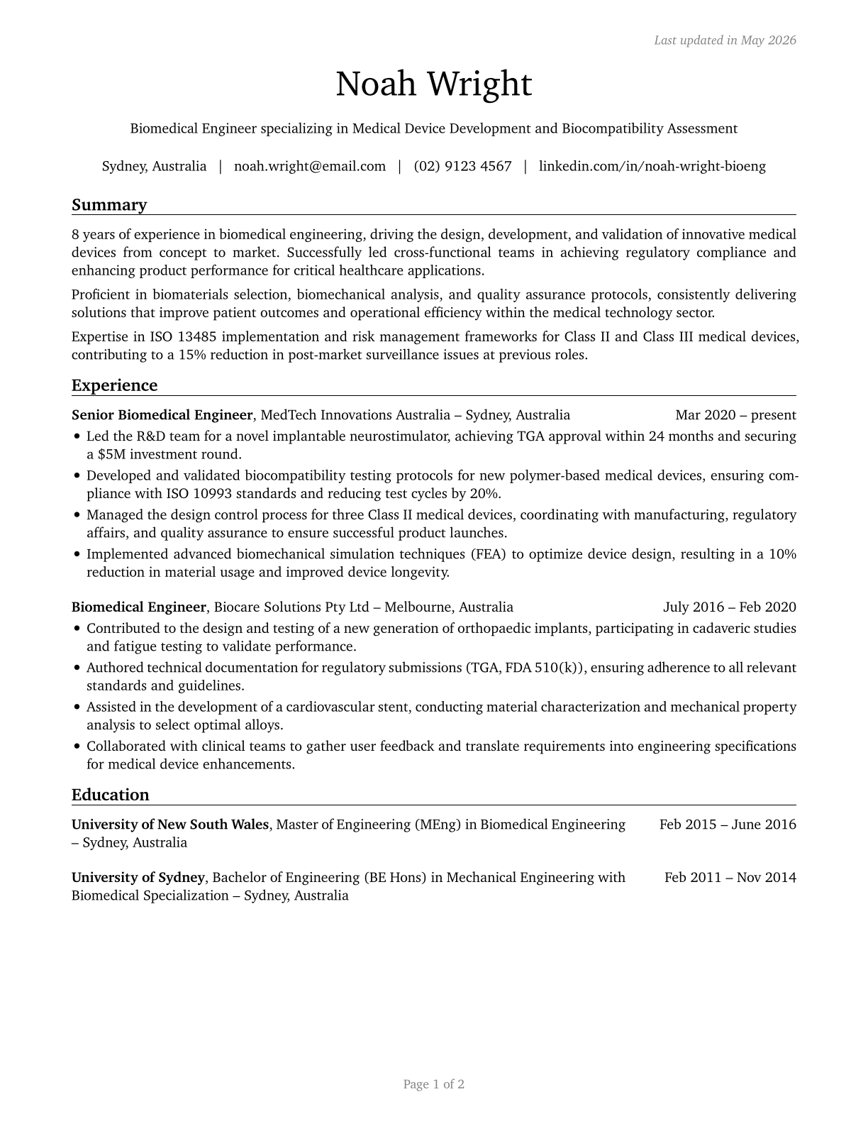 Bioengineers and Biomedical Engineers CV in English — page 1