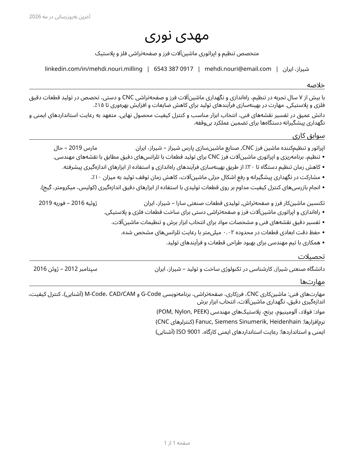 Milling and Planing Machine Setters, Operators, and Tenders, Metal and Plastic CV in Persian — page 1