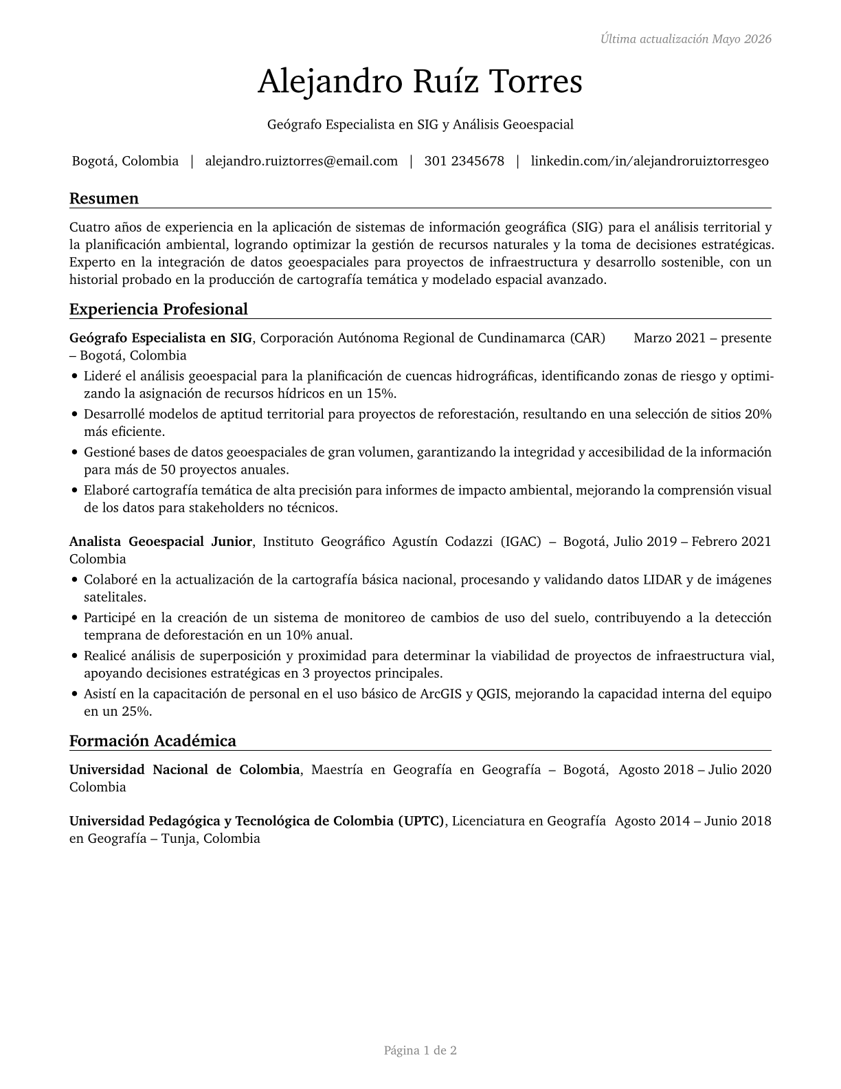 Geographers CV in Spanish — page 1
