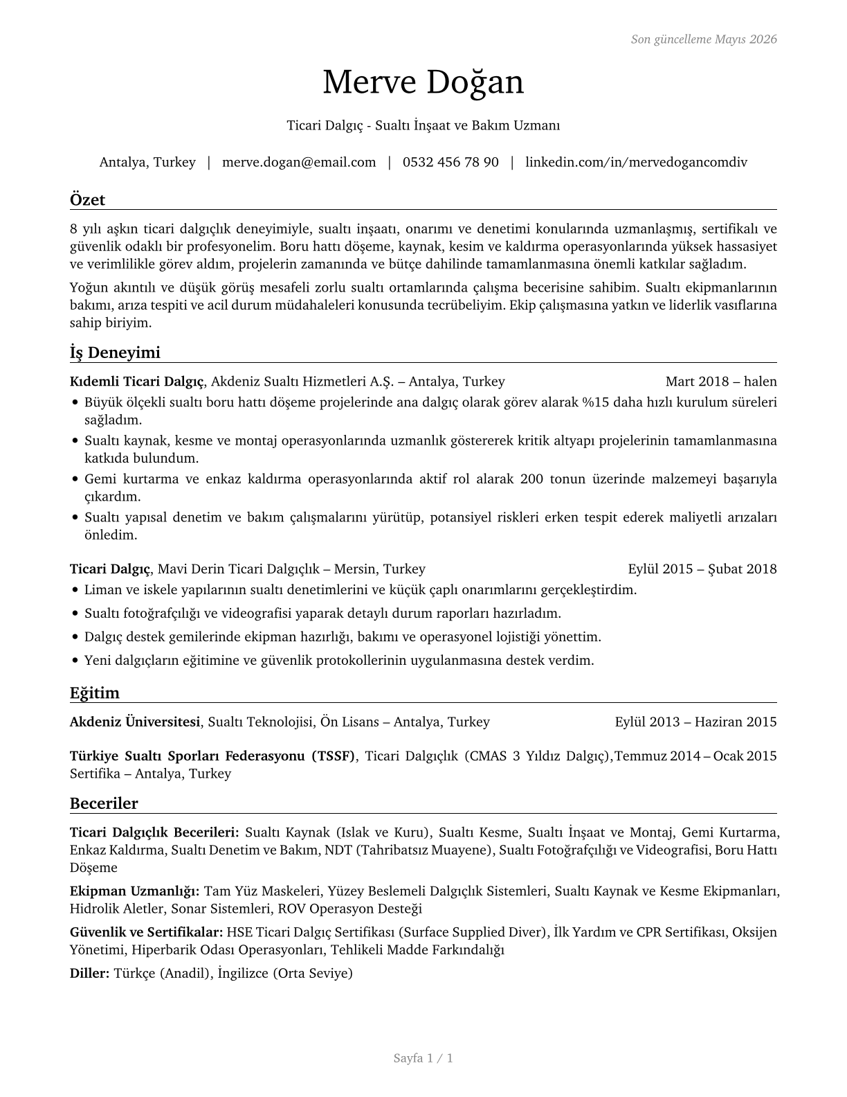 Commercial Divers CV in Turkish — page 1