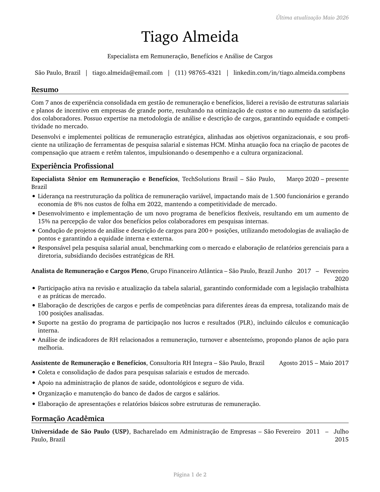 Compensation, Benefits, and Job Analysis Specialists CV in Portuguese — page 1