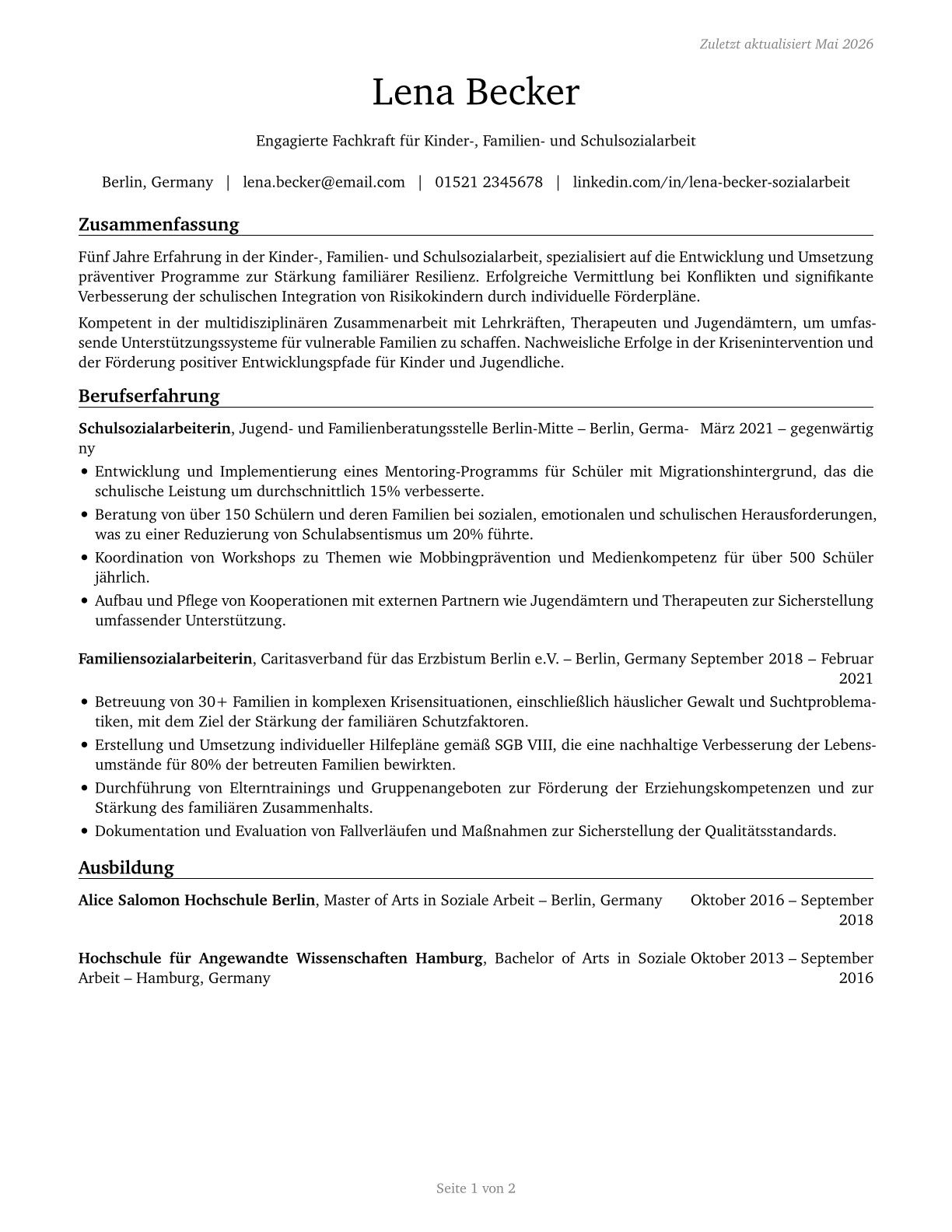 Child, Family, and School Social Workers CV in German — page 1