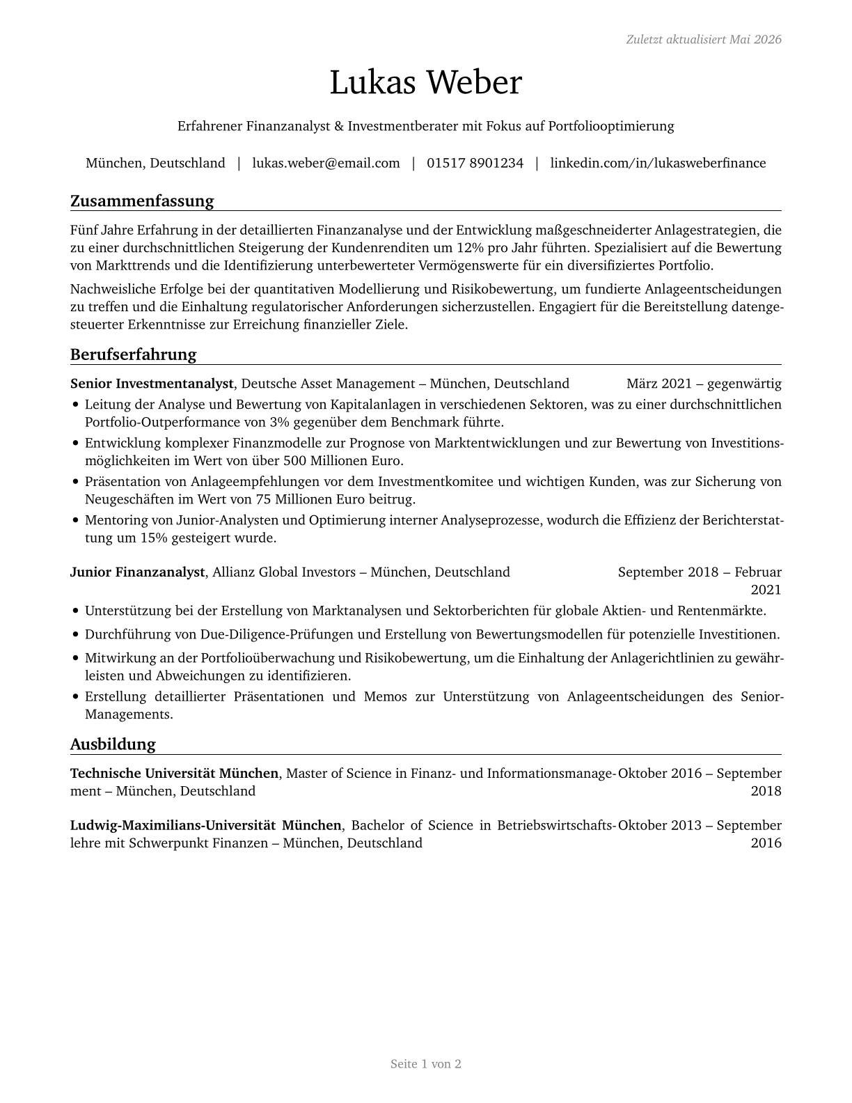 Financial and Investment Analysts CV in German — page 1