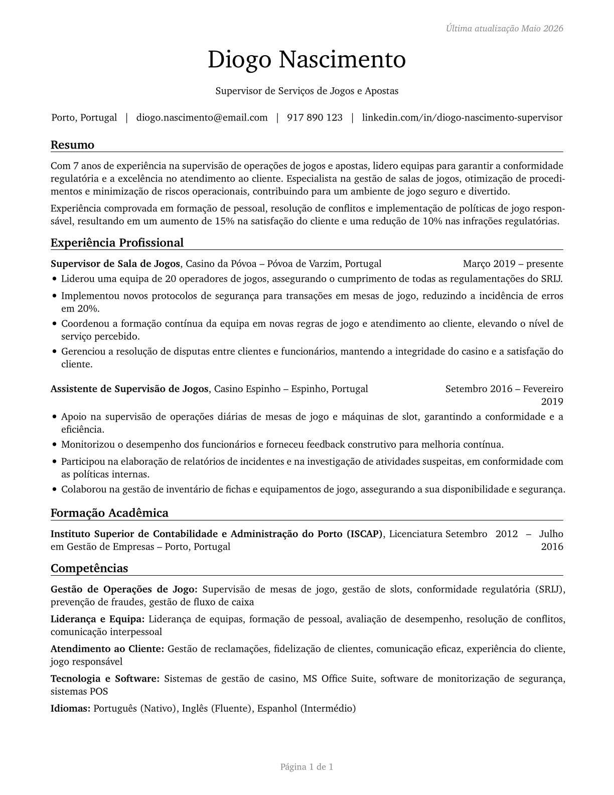 First-Line Supervisors of Gambling Services Workers CV in Portuguese — page 1