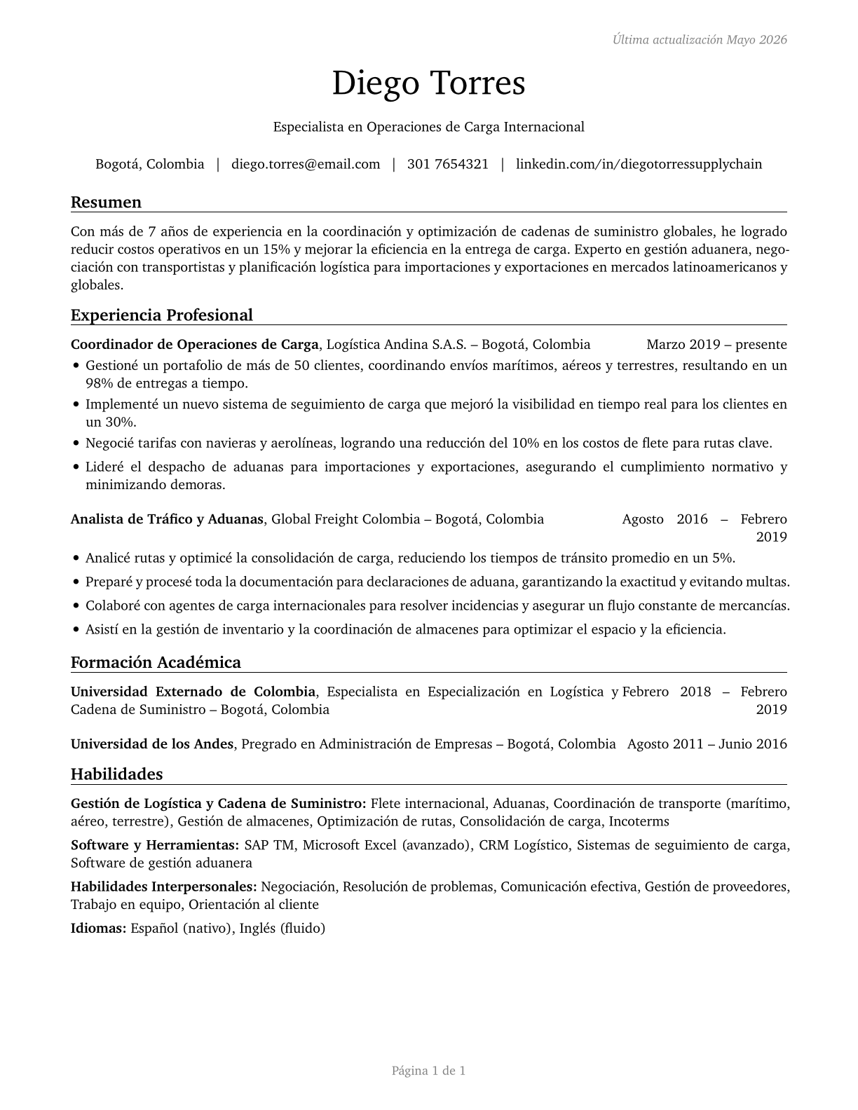Freight Forwarders CV in Spanish — page 1