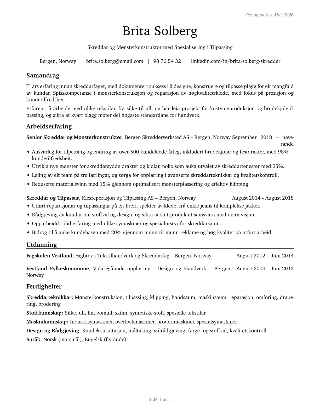 Tailors, Dressmakers, and Custom Sewers CV in Norwegian_nynorsk — page 1