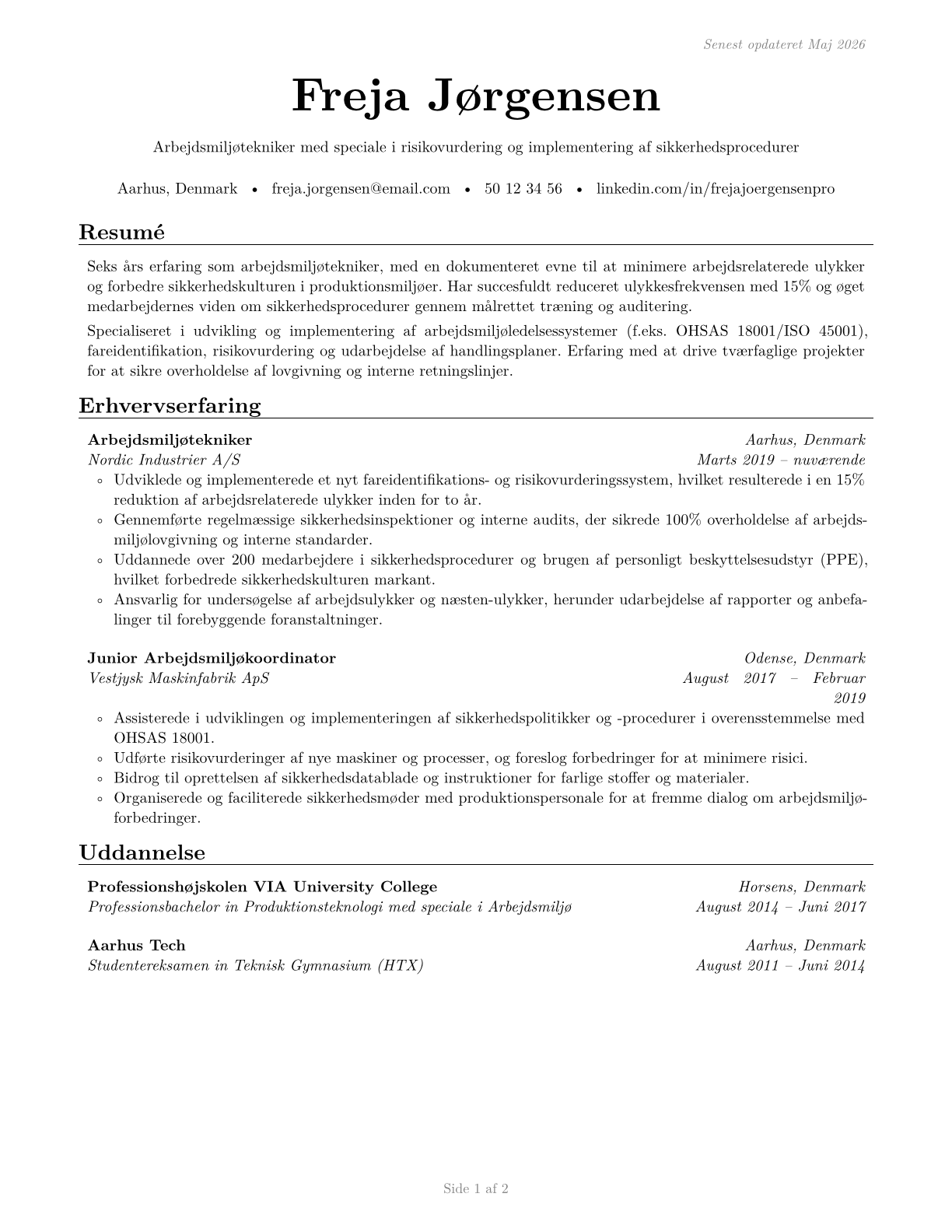 Occupational Health and Safety Technicians CV in Danish — page 1