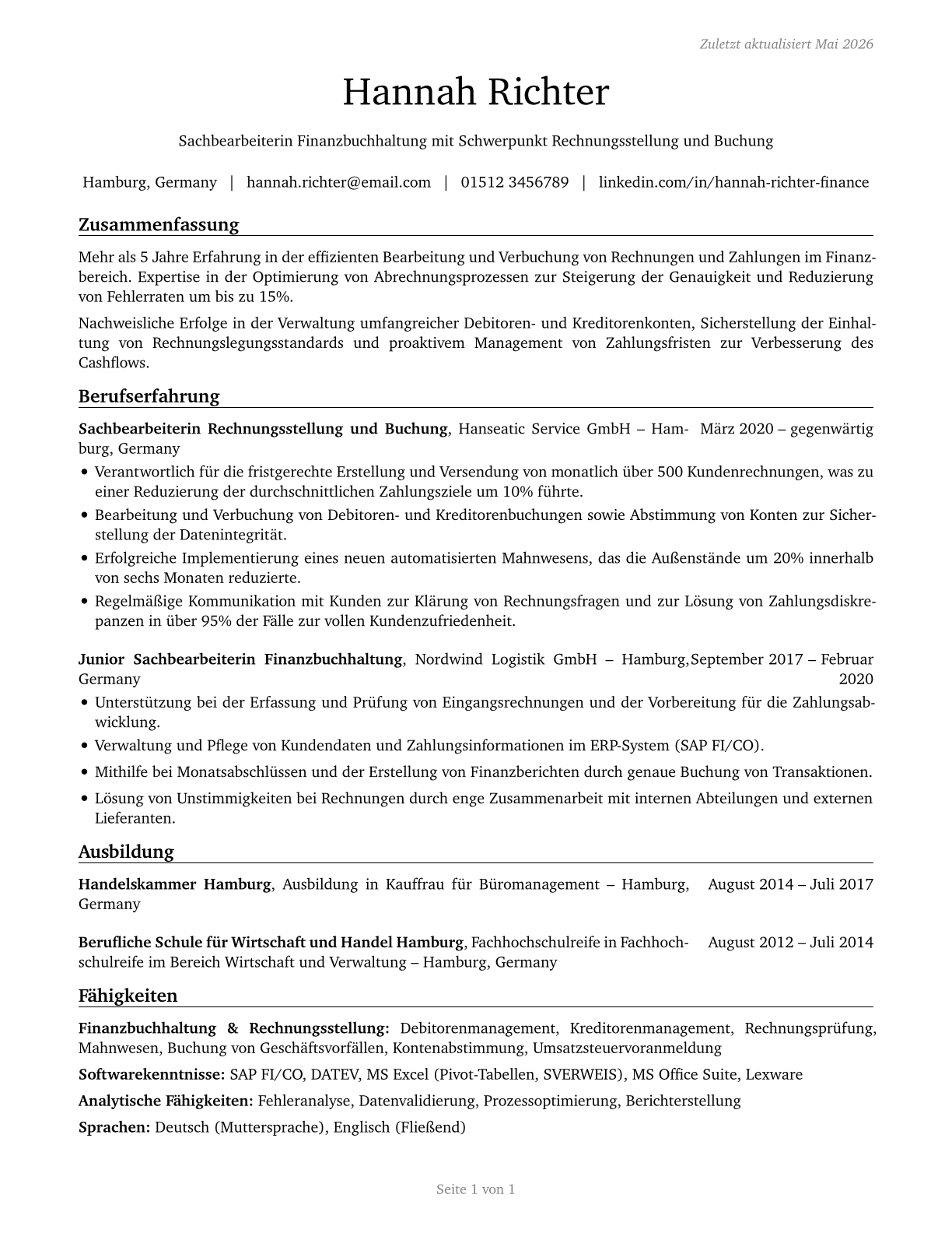 Billing and Posting Clerks CV in German — page 1