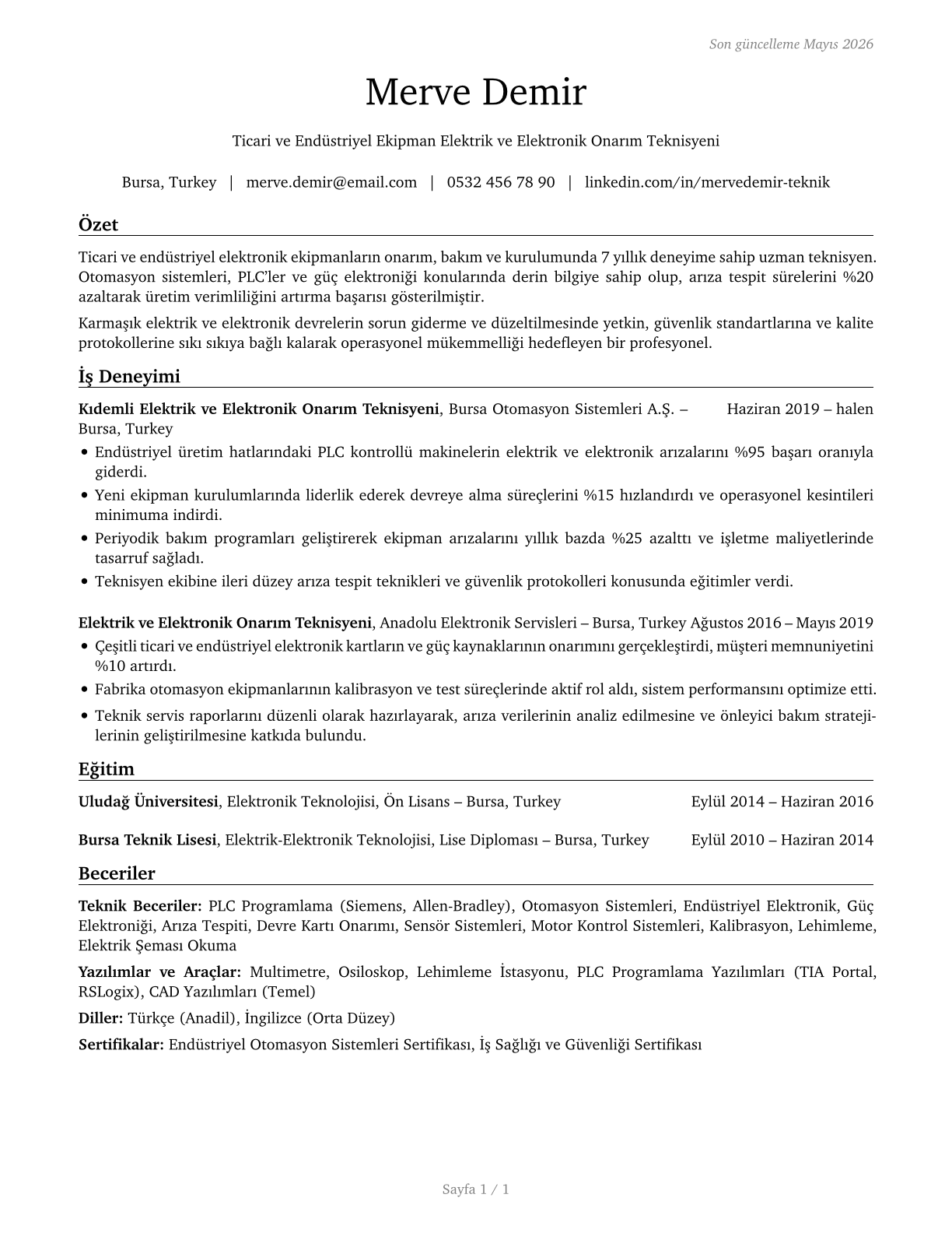 Electrical and Electronics Repairers, Commercial and Industrial Equipment CV in Turkish — page 1