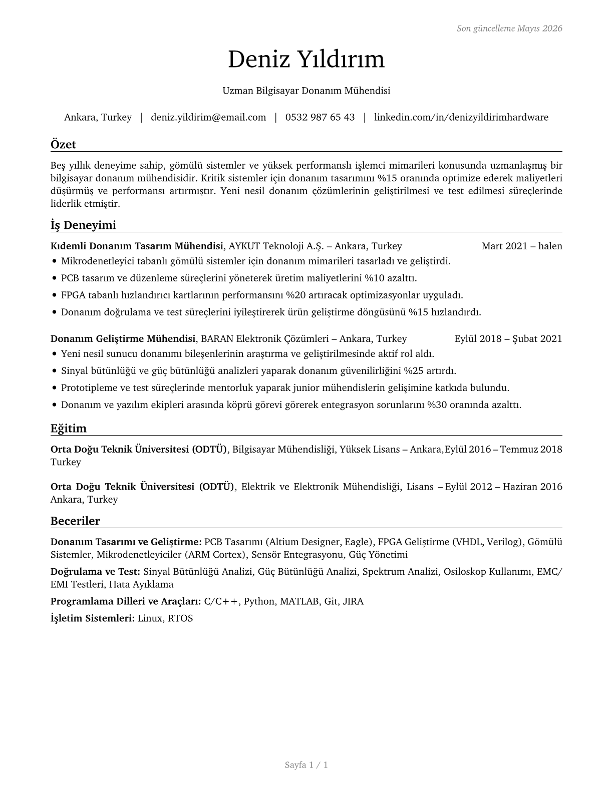 Computer Hardware Engineers CV in Turkish — page 1