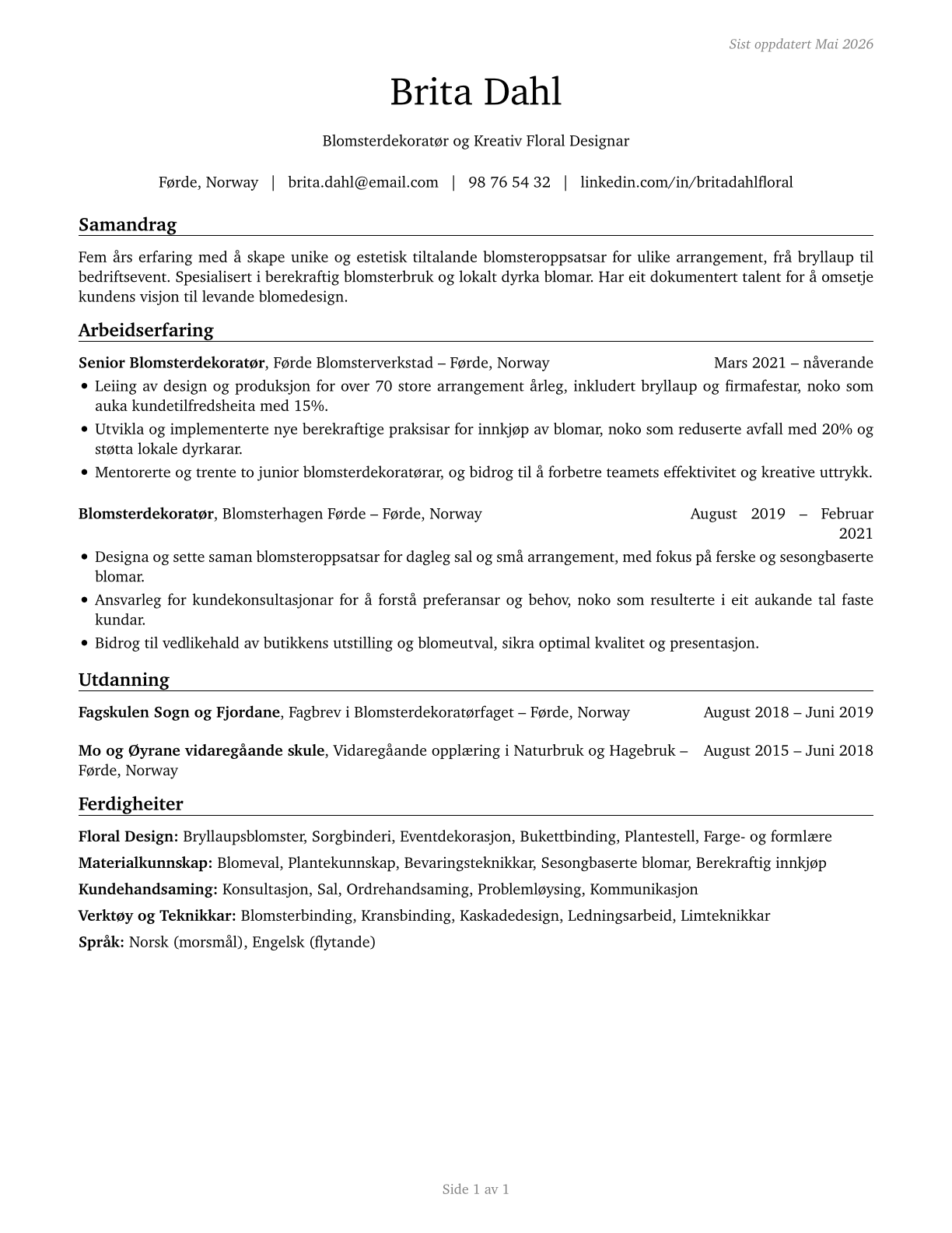Floral Designers CV in Norwegian_nynorsk — page 1