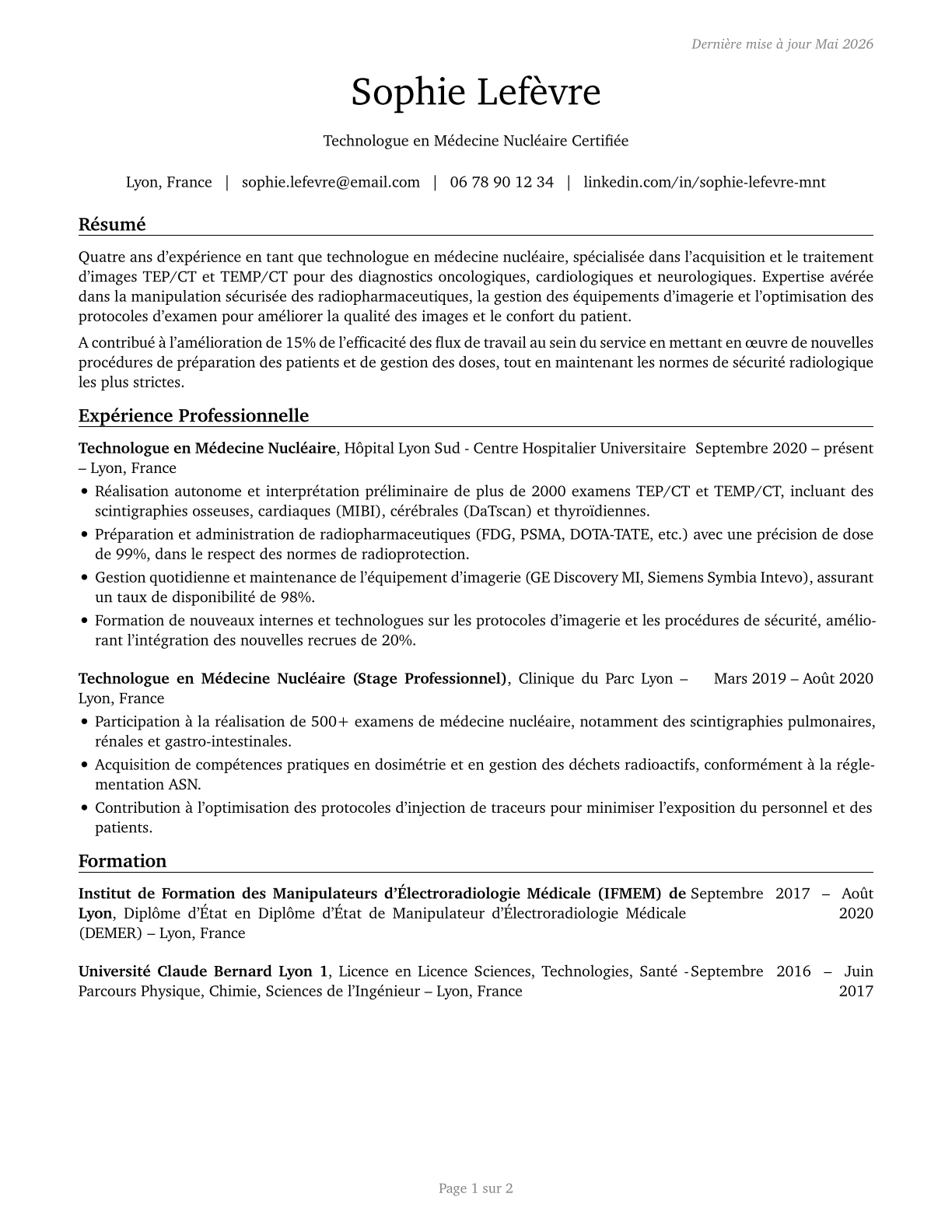 Nuclear Medicine Technologists CV in French — page 1