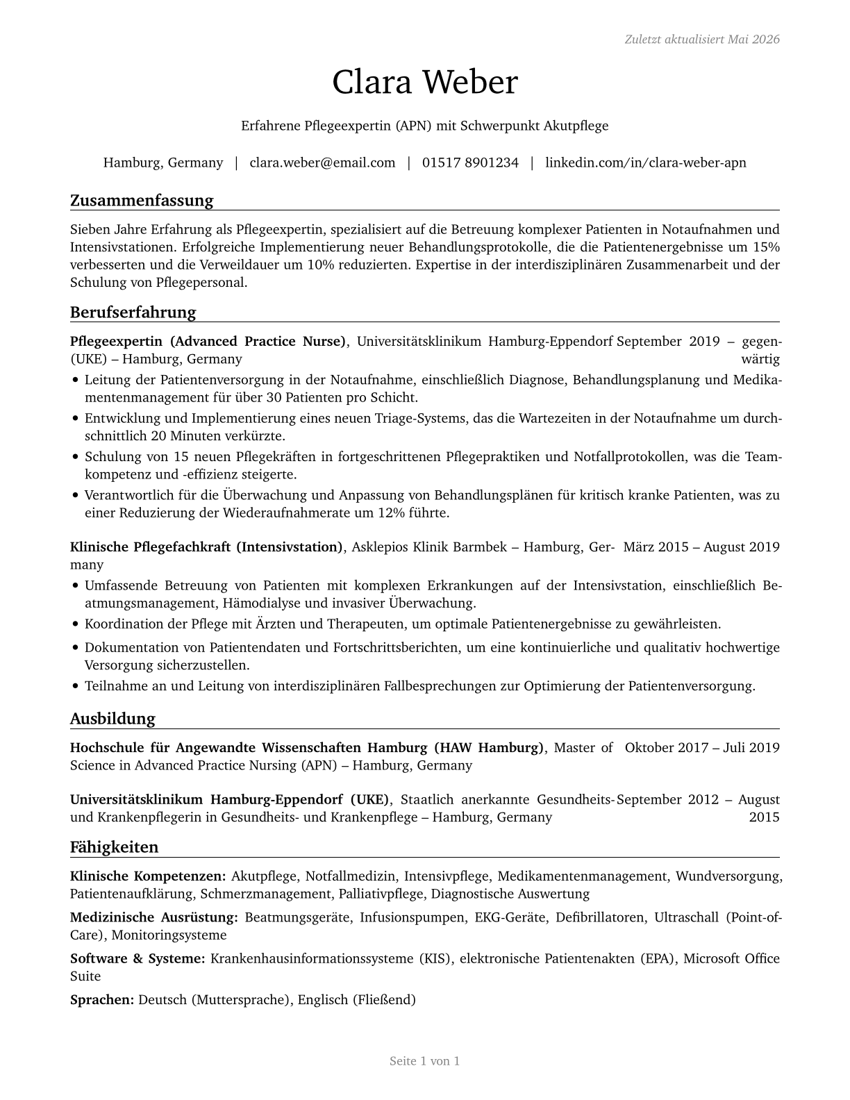 Nurse Practitioners CV in German — page 1