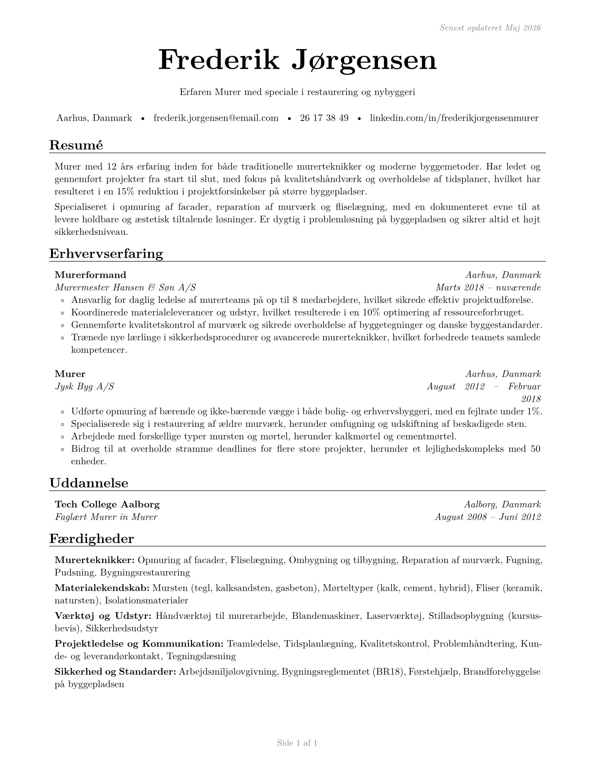 Brickmasons and Blockmasons CV in Danish — page 1