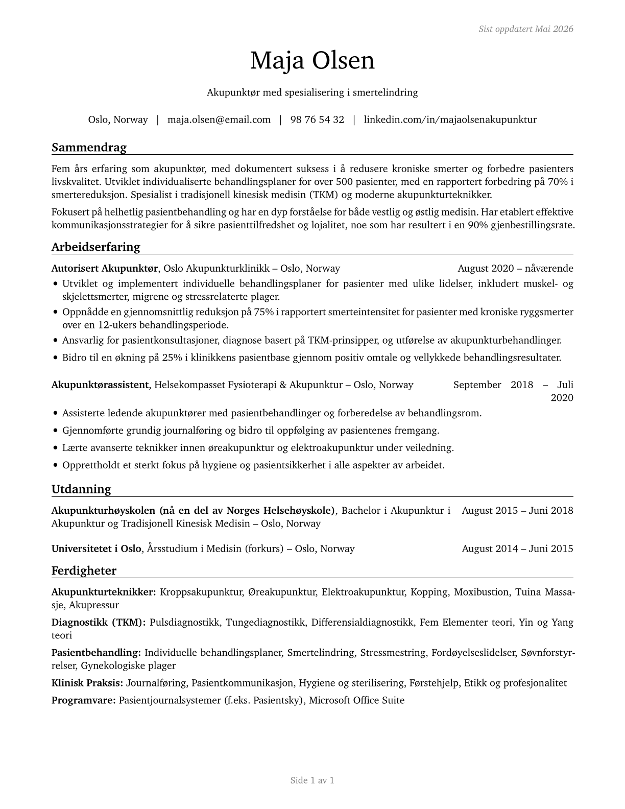 Acupuncturists CV in Norwegian_bokmal — page 1