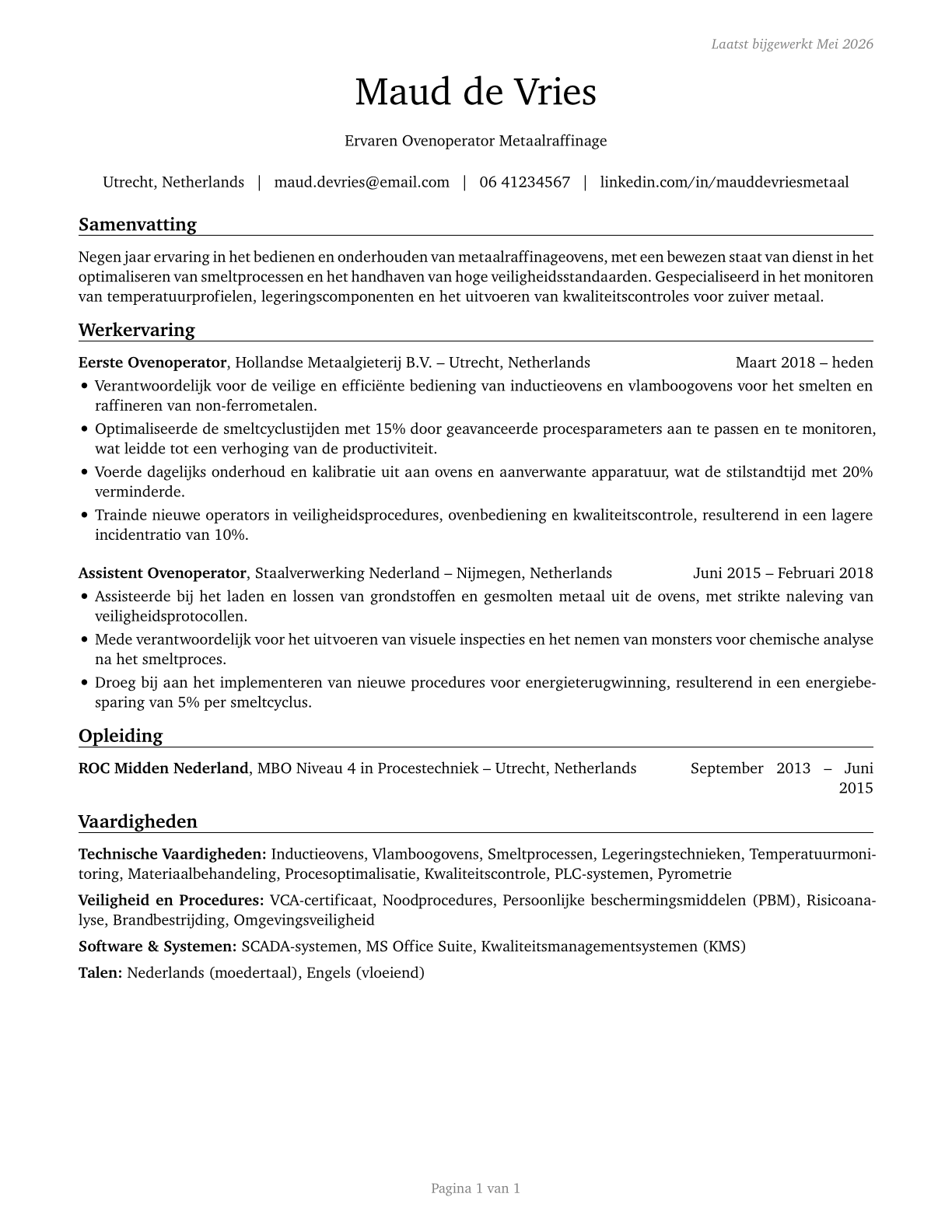 Metal-Refining Furnace Operators and Tenders CV in Dutch — page 1