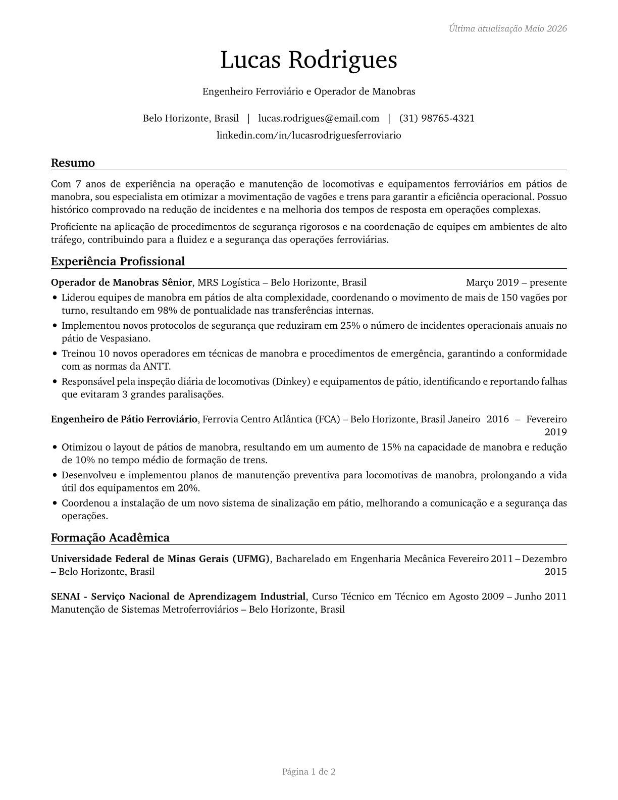 Rail Yard Engineers, Dinkey Operators, and Hostlers CV in Portuguese — page 1