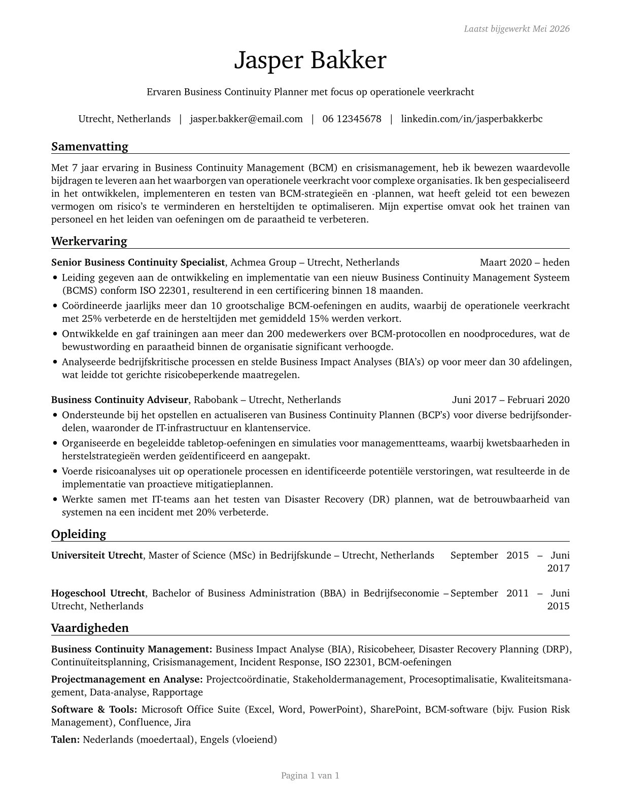 Business Continuity Planners CV in Dutch — page 1