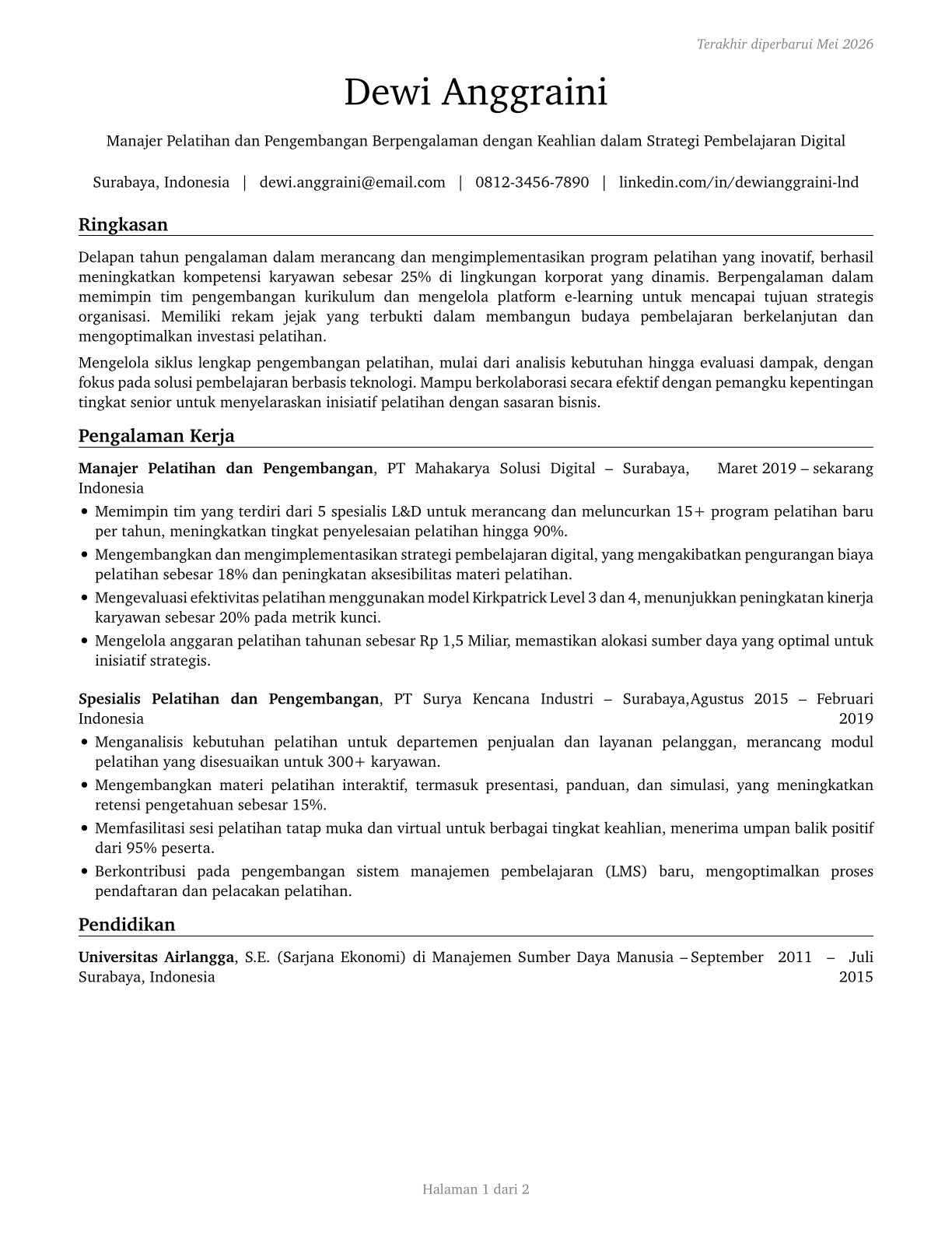 Training and Development Managers CV in Indonesian — page 1