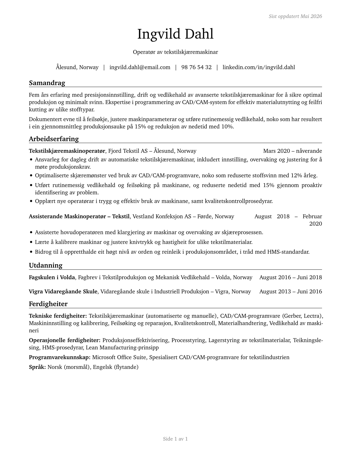 Textile Cutting Machine Setters, Operators, and Tenders CV in Norwegian_nynorsk — page 1