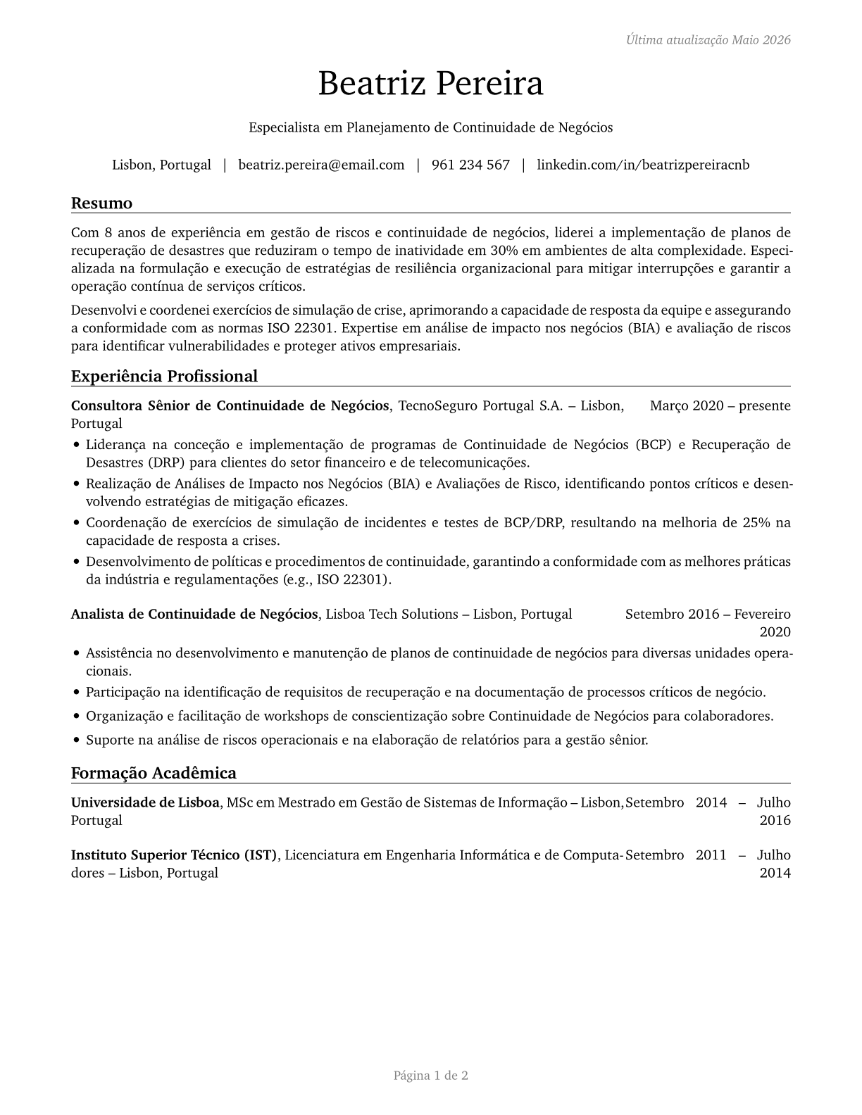 Business Continuity Planners CV in Portuguese — page 1