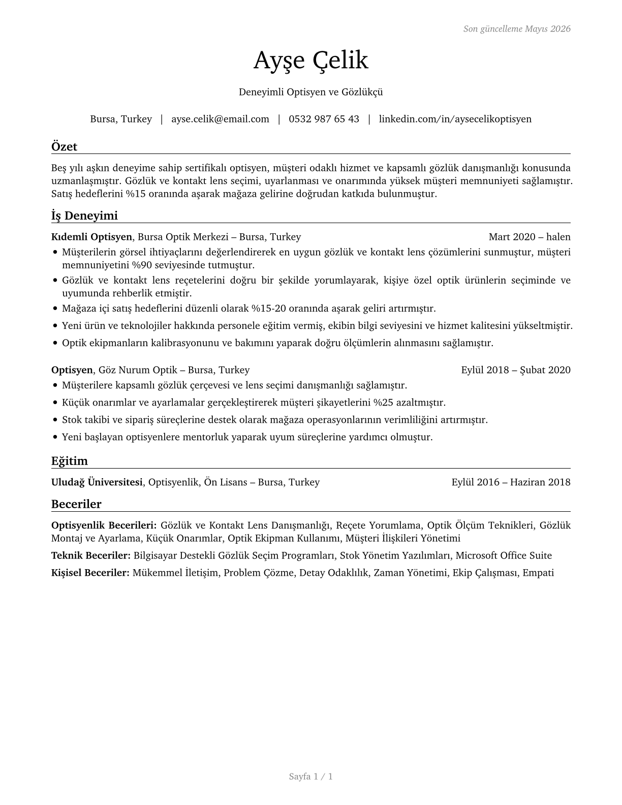 Opticians, Dispensing CV in Turkish — page 1