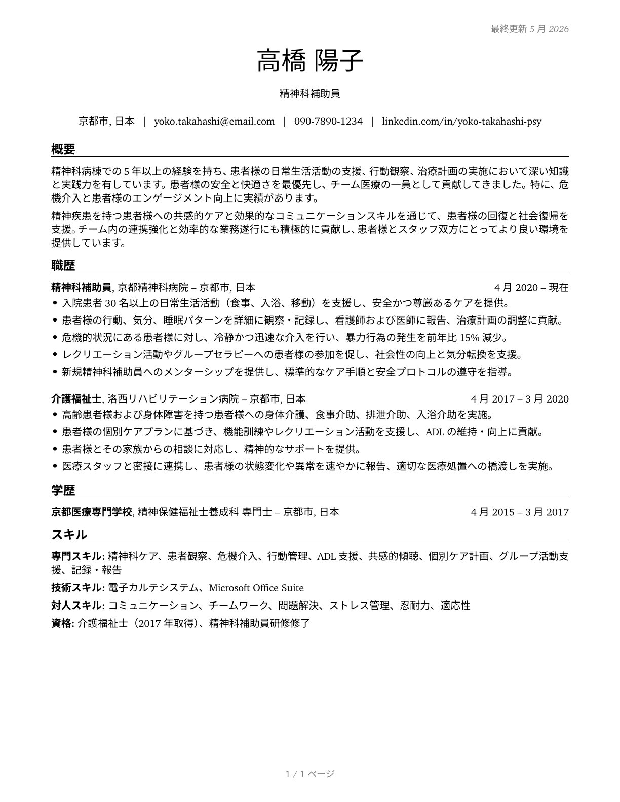 Psychiatric Aides CV in Japanese — page 1