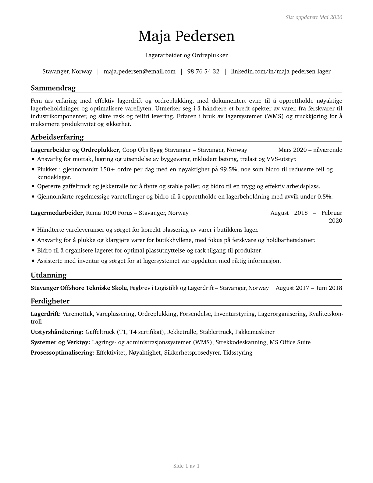 Stockers and Order Fillers CV in Norwegian_bokmal — page 1