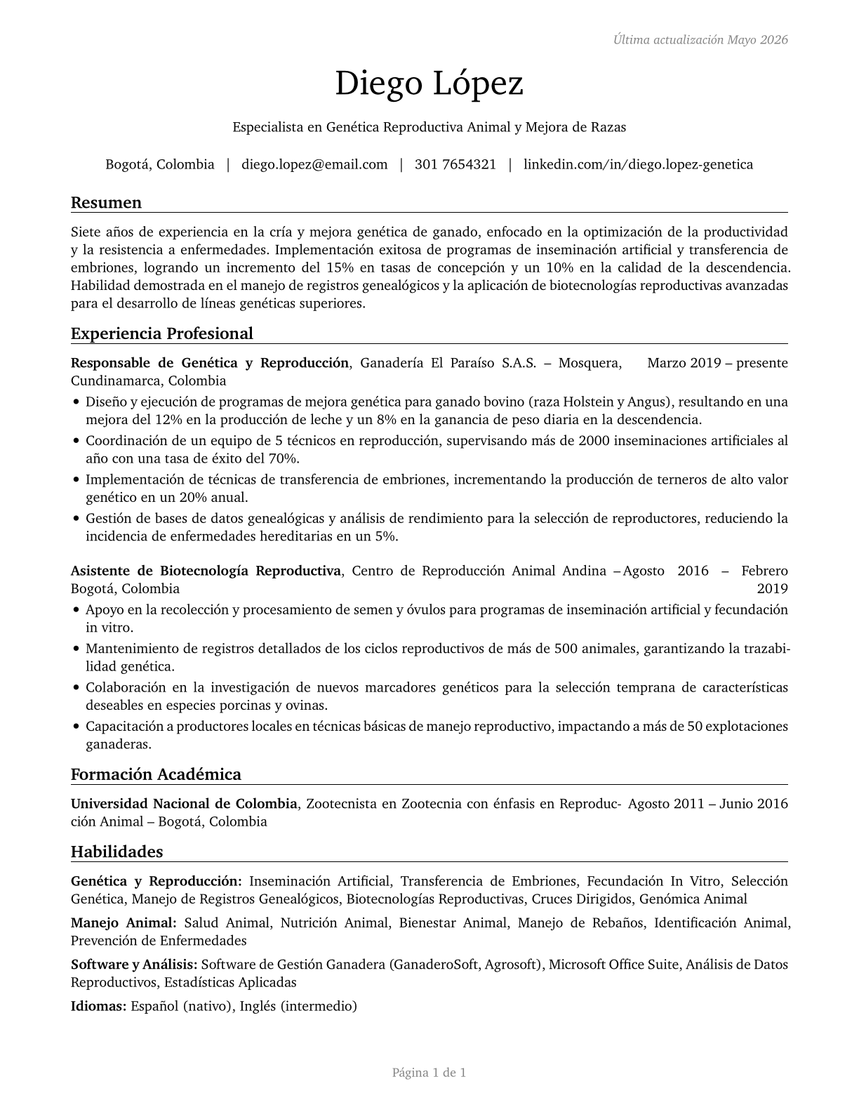 Animal Breeders CV in Spanish — page 1