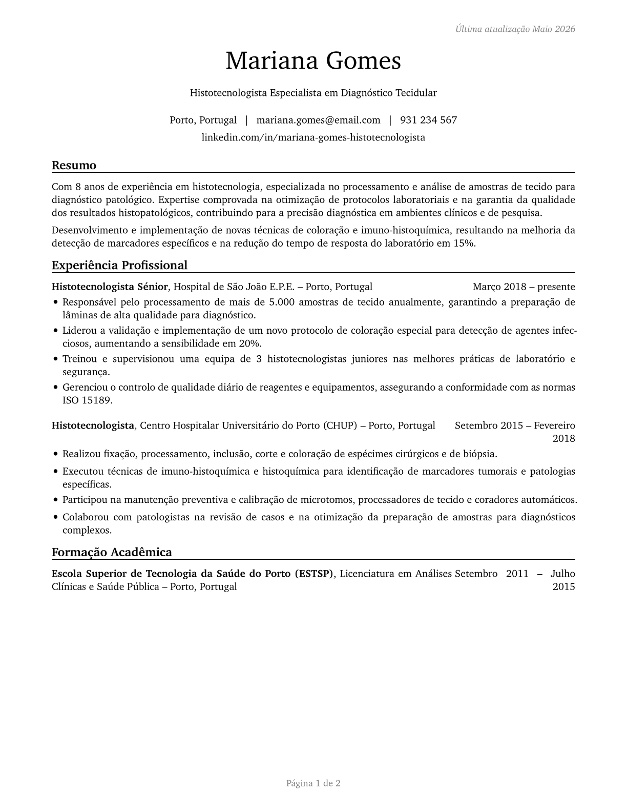 Histotechnologists CV in Portuguese — page 1