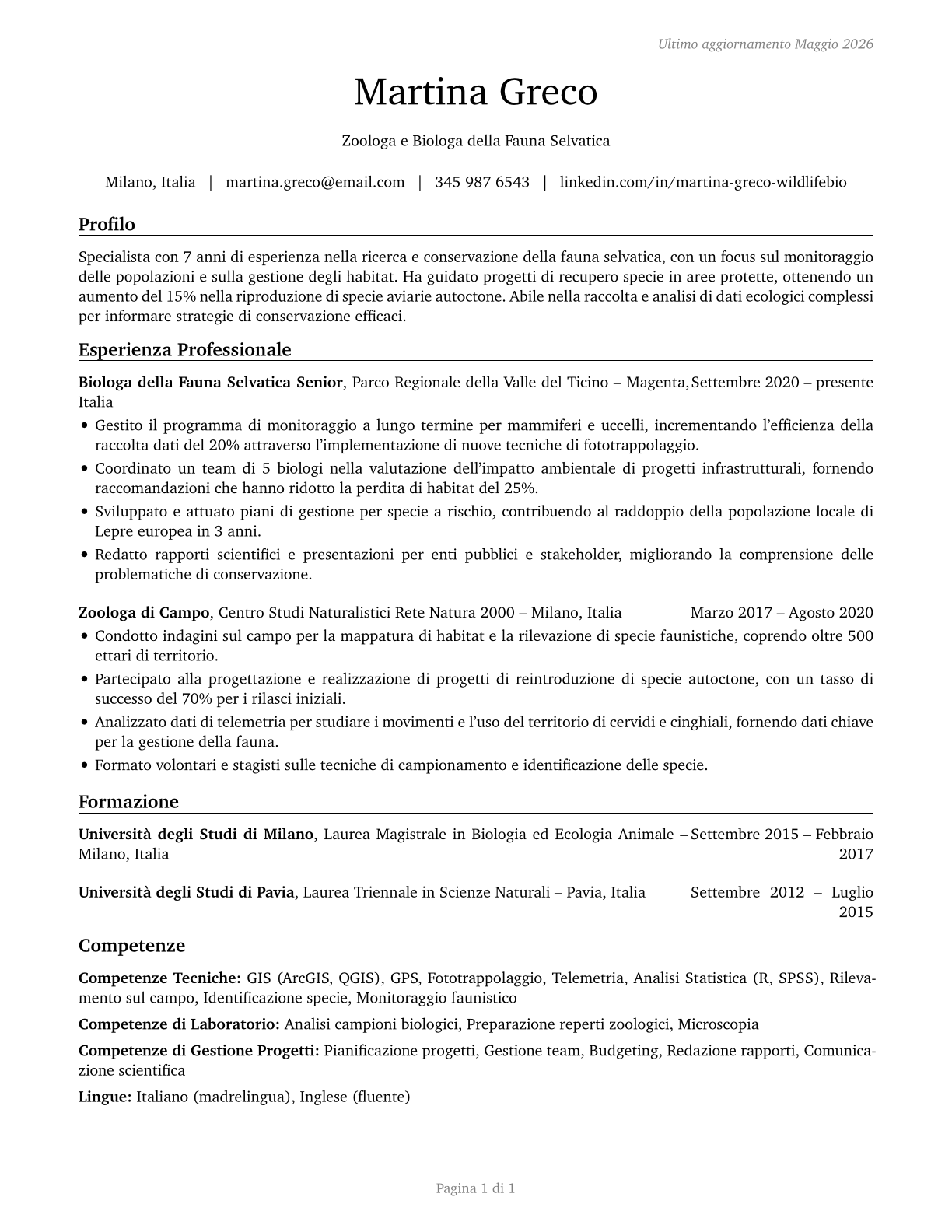 Zoologists and Wildlife Biologists CV in Italian — page 1