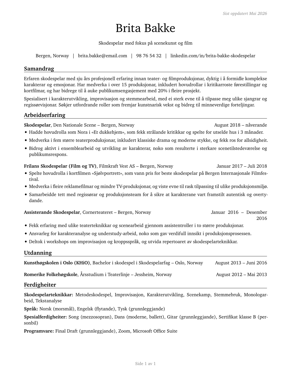 Actors CV in Norwegian_nynorsk — page 1