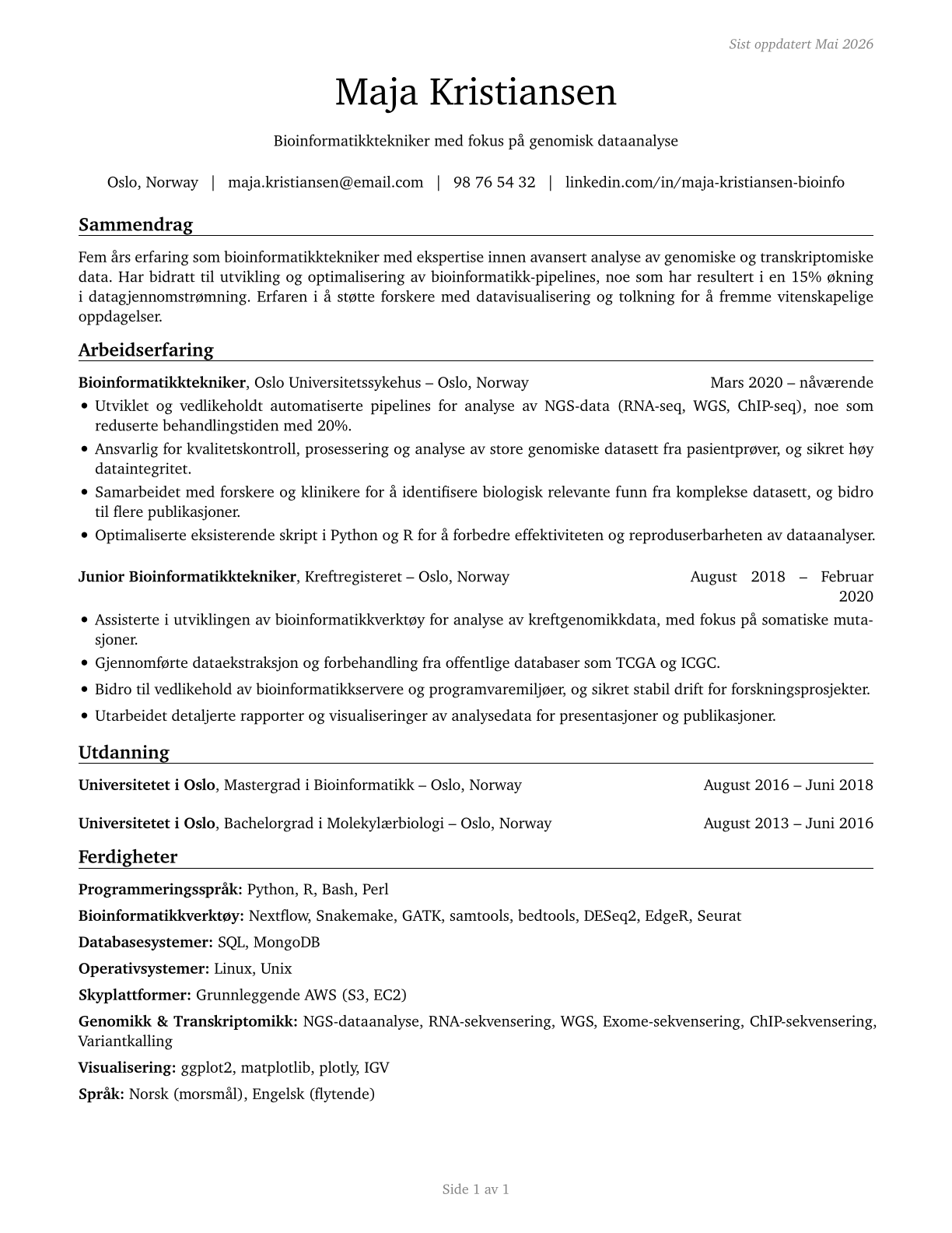 Bioinformatics Technicians CV in Norwegian_bokmal — page 1