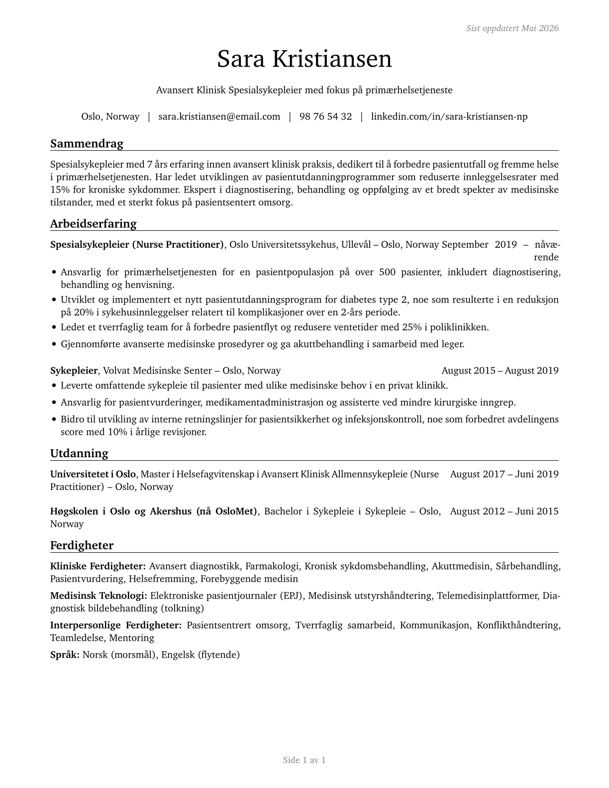 Nurse Practitioners CV in Norwegian_bokmal — page 1