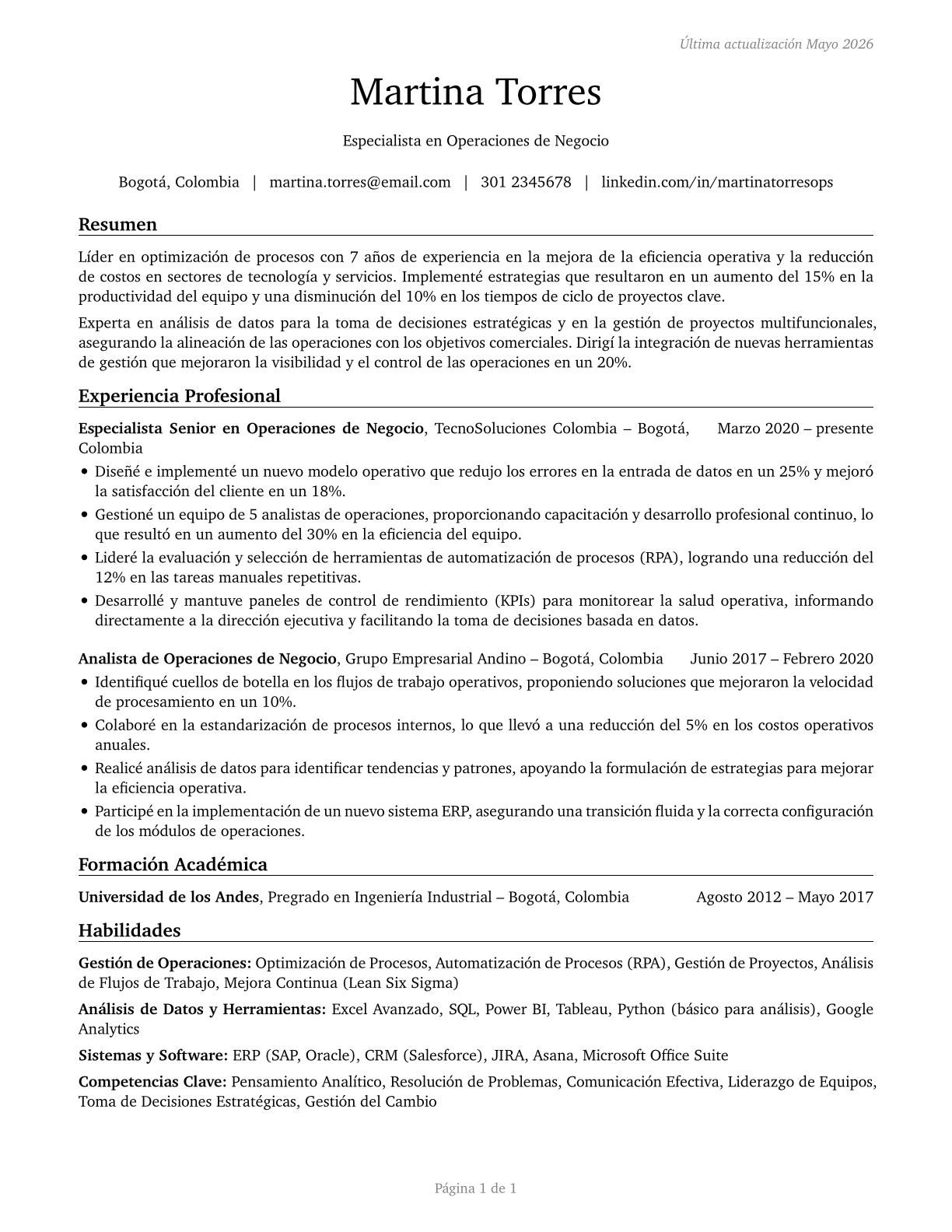 Business Operations Specialists, All Other CV in Spanish — page 1