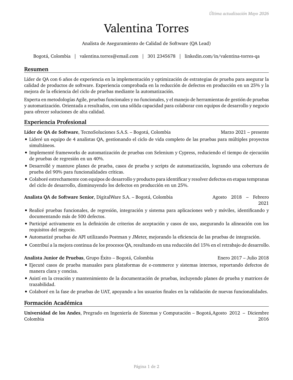 Software Quality Assurance Analysts and Testers CV in Spanish — page 1