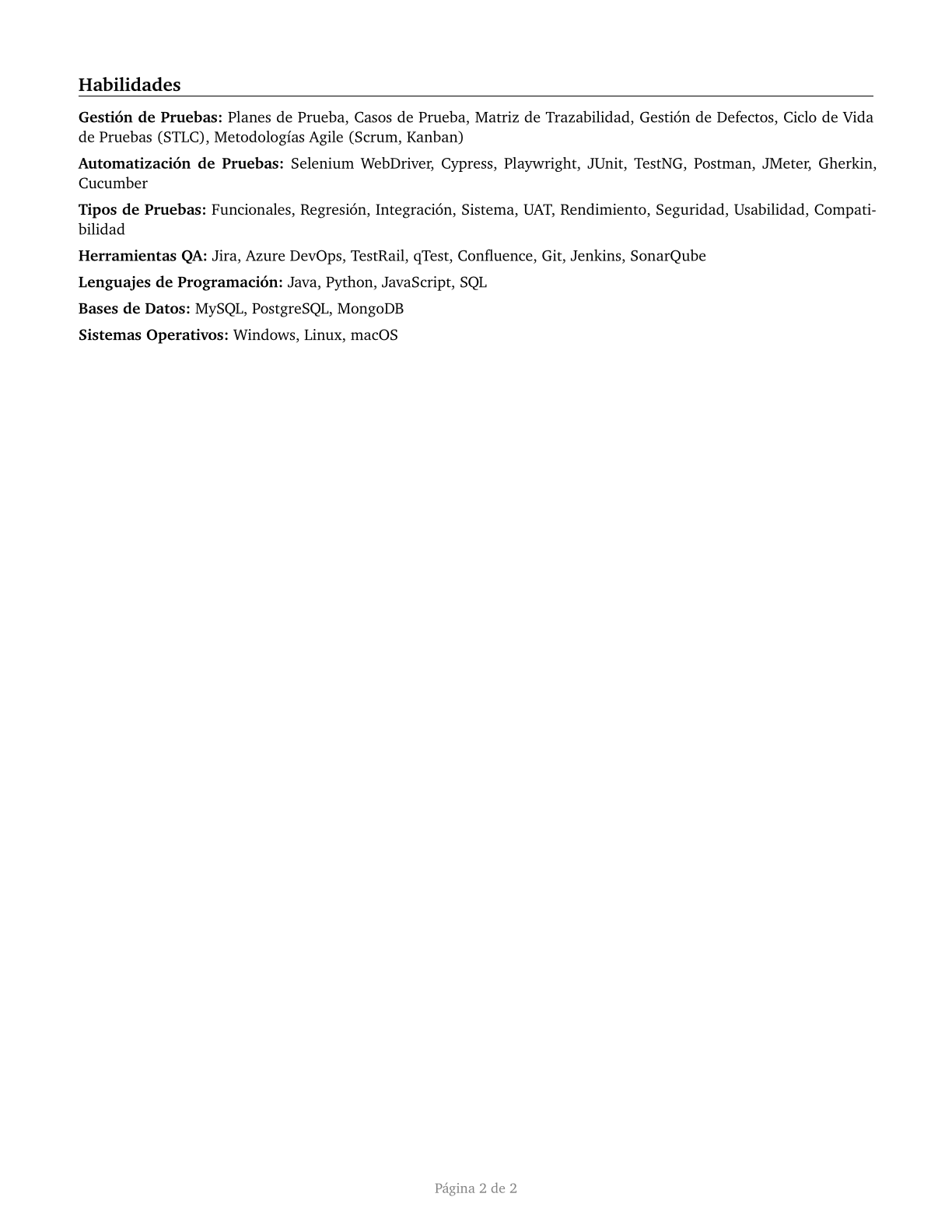 Software Quality Assurance Analysts and Testers CV in Spanish — page 2