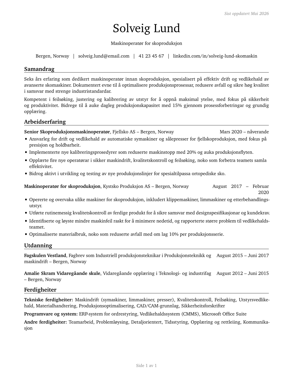 Shoe Machine Operators and Tenders CV in Norwegian_nynorsk — page 1